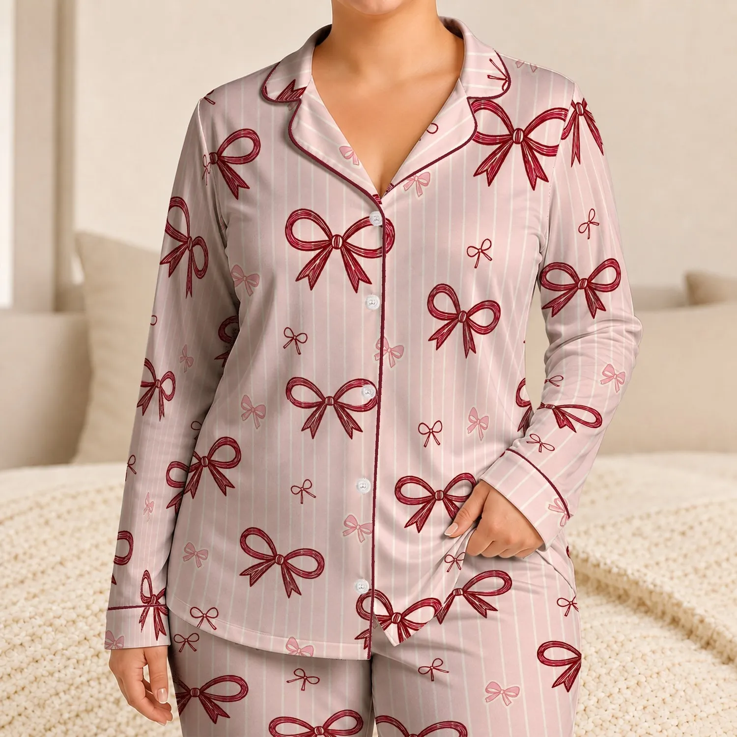 Burgundy Bow Stripes For Cozy Home Lounging, Relaxing And Everyday Gift Giving For Women Satin Pajamas Set - 1