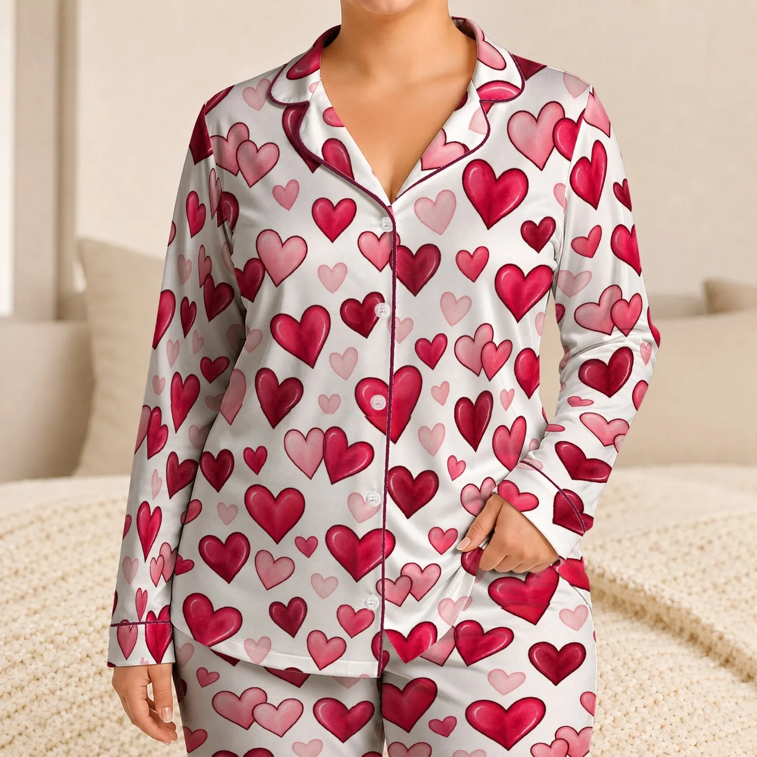Raspberry Heart Valentine's Loungewear for Romantic Nights and Cozy Home Relaxation Satin Pajamas Set - 1
