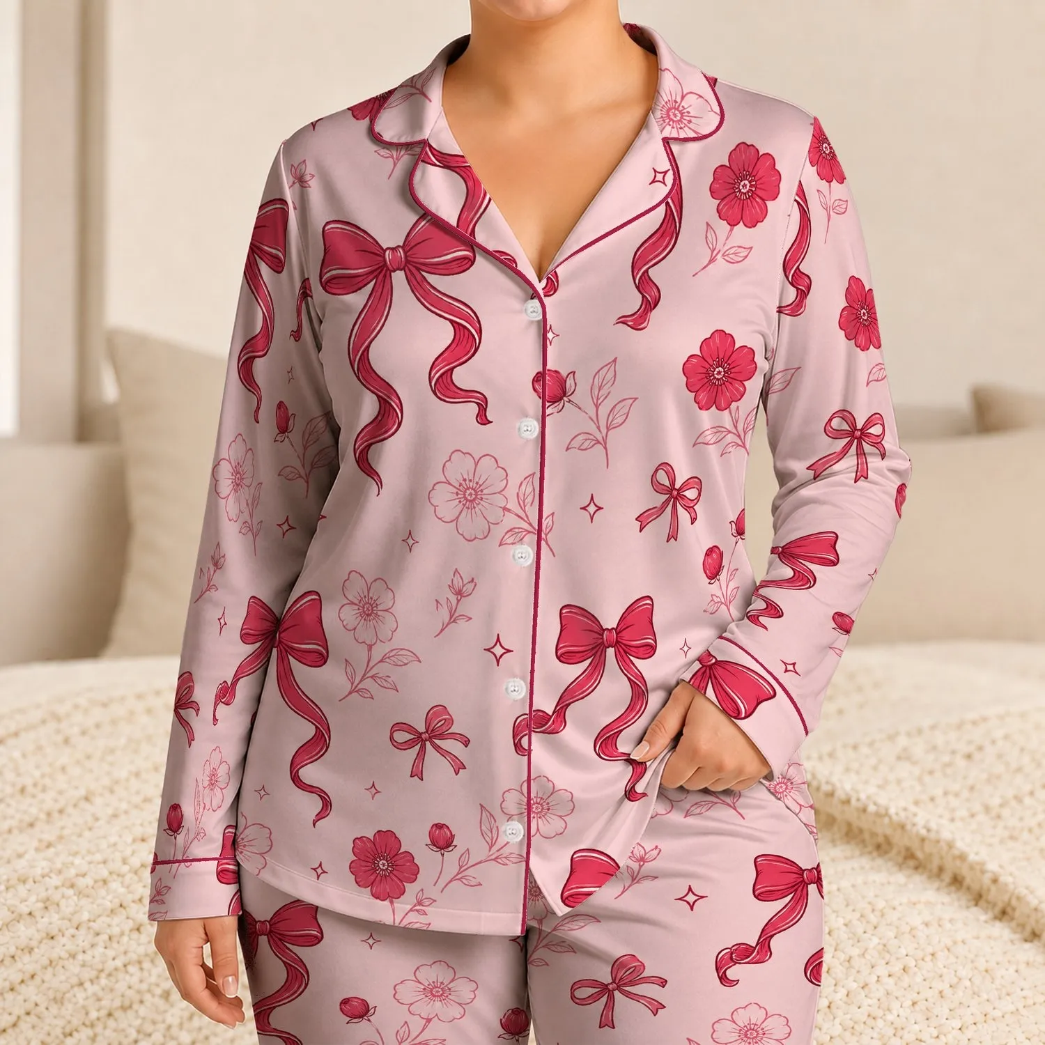 Pink Bow Floral Ribbon Garden Style for Cozy Home Relaxation and Everyday Gifting Women Satin Pajamas Set - 1