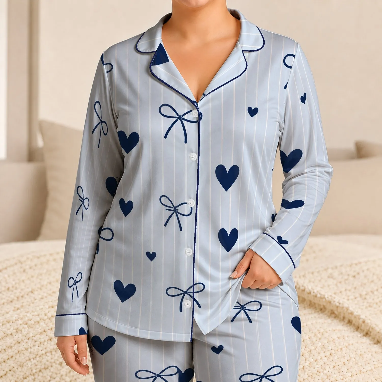 Navy Heart Bow Stripes Cozy Bedtime Sleepwear For Women Classic Blue White Gift Idea Satin Pajamas Set - 1