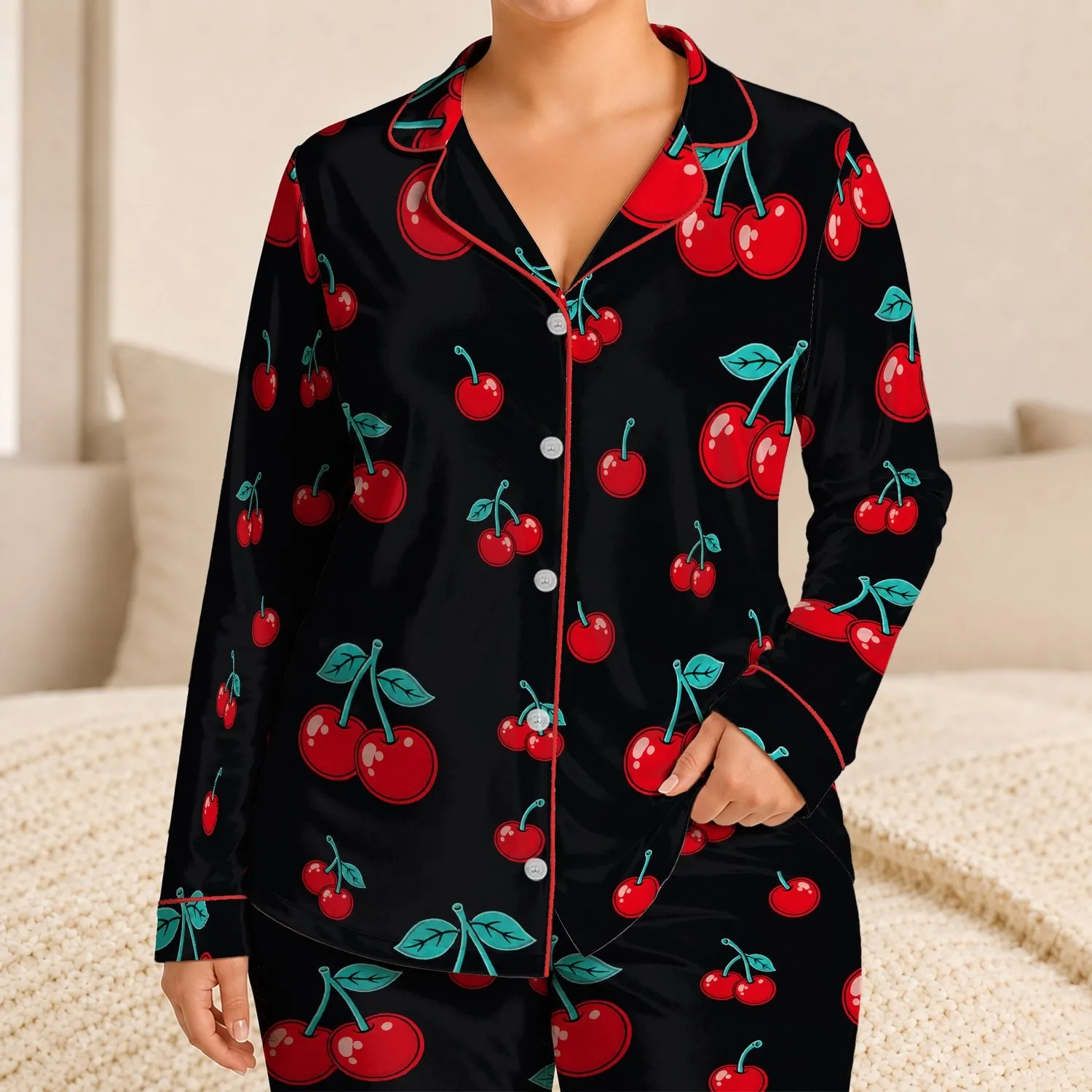 Scarlet Cherry Motif for Spring Summer Lounging, Collared Button Front and Bow Shorts Satin Pajamas Set - 1