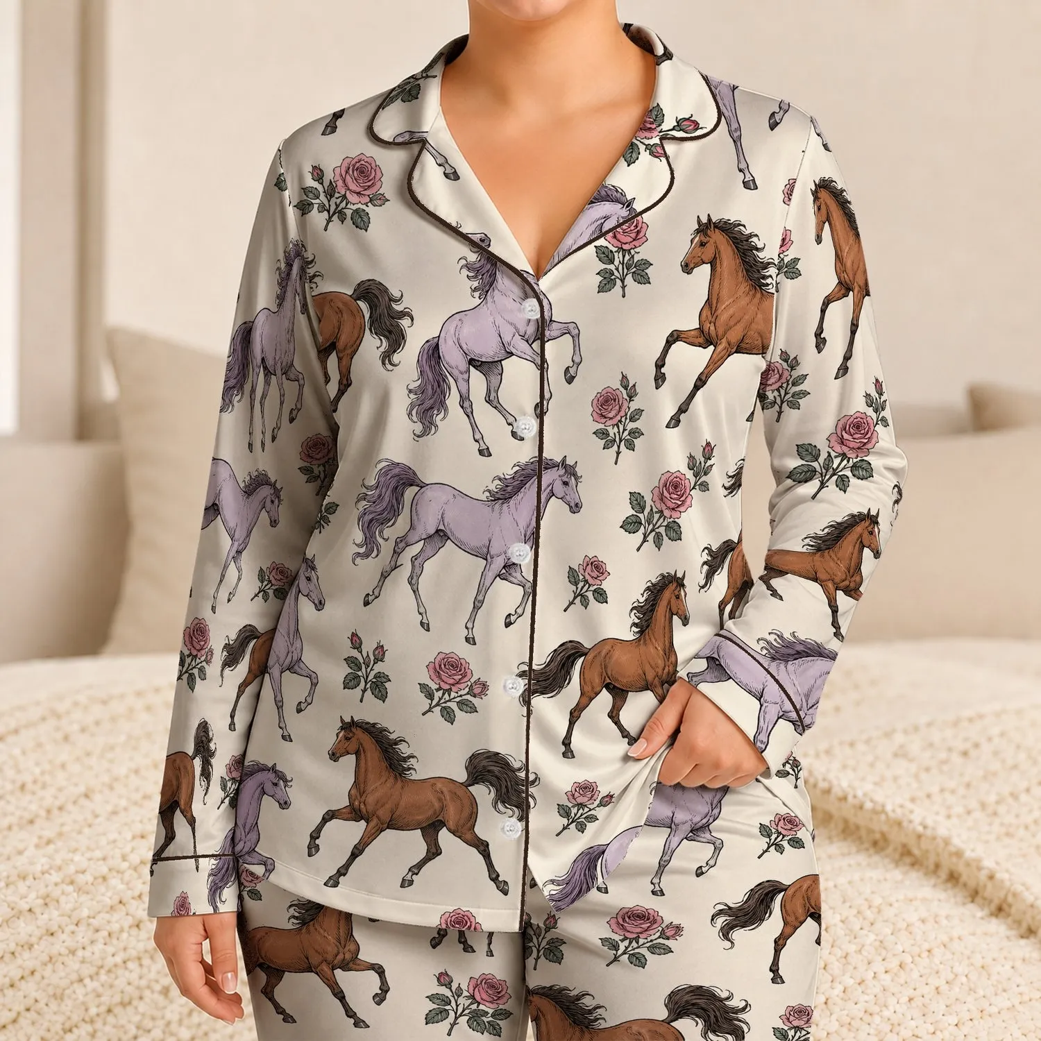 Equestrian Horses and Roses for Elegant Lounging, Relaxed Homewear Gift for Women Satin Pajamas Set - 1