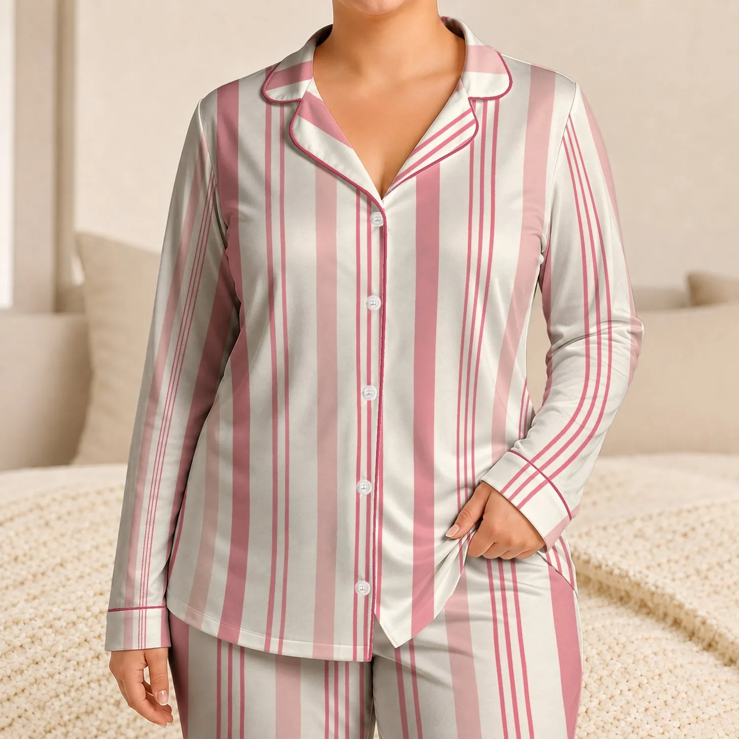 Pink Ivory Vertical Stripes for Cozy Bedtime Relaxation and Weekend Lounging Women Satin Pajamas Set - 1