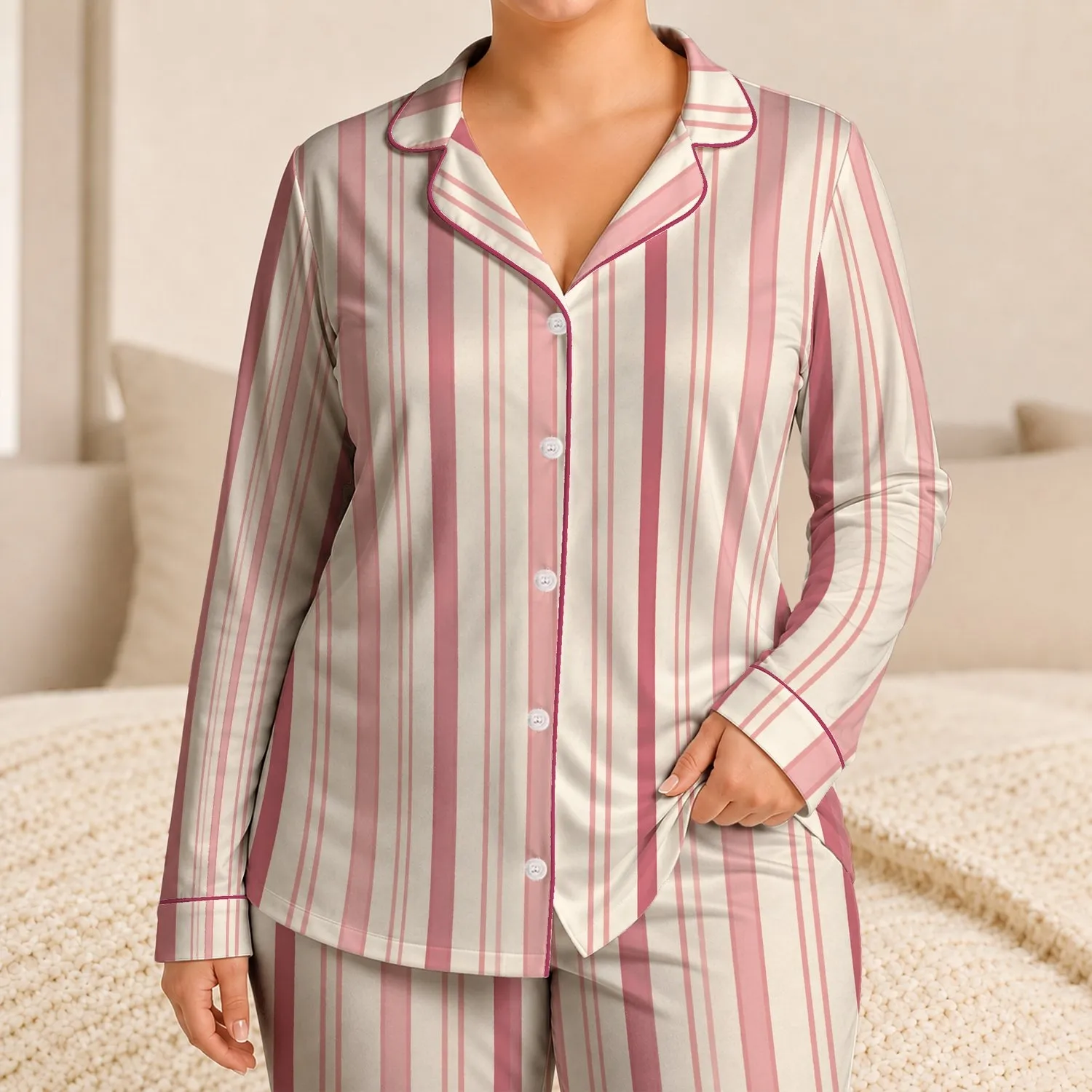 Blush Ivory Vertical Stripes for Cozy Autumn Evenings and Relaxed Home Lounging for Women Satin Pajamas Set - 1