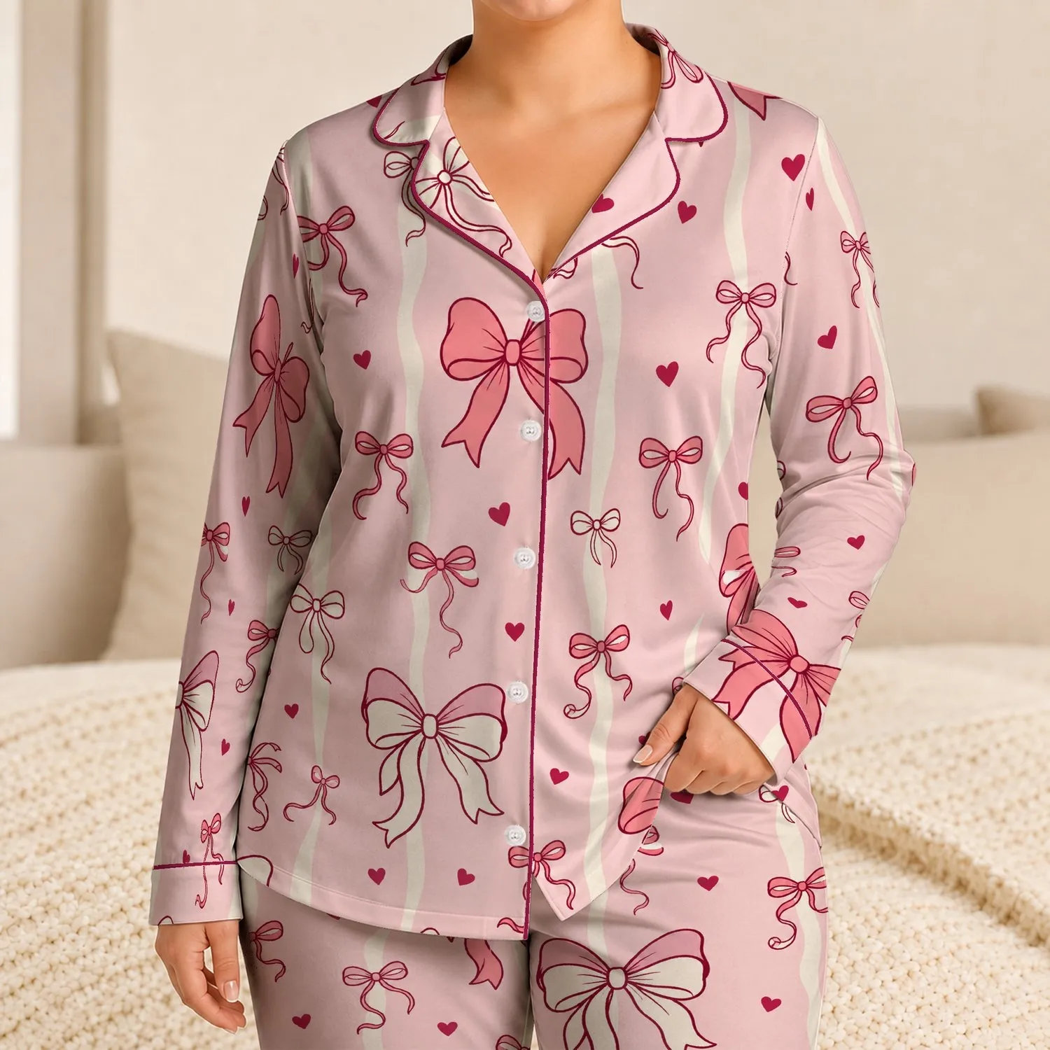 Pink Bow Heart Ribbon Aesthetic for Cozy Nights, Romantic Lounging, and Gift Giving Satin Pajamas Set - 1