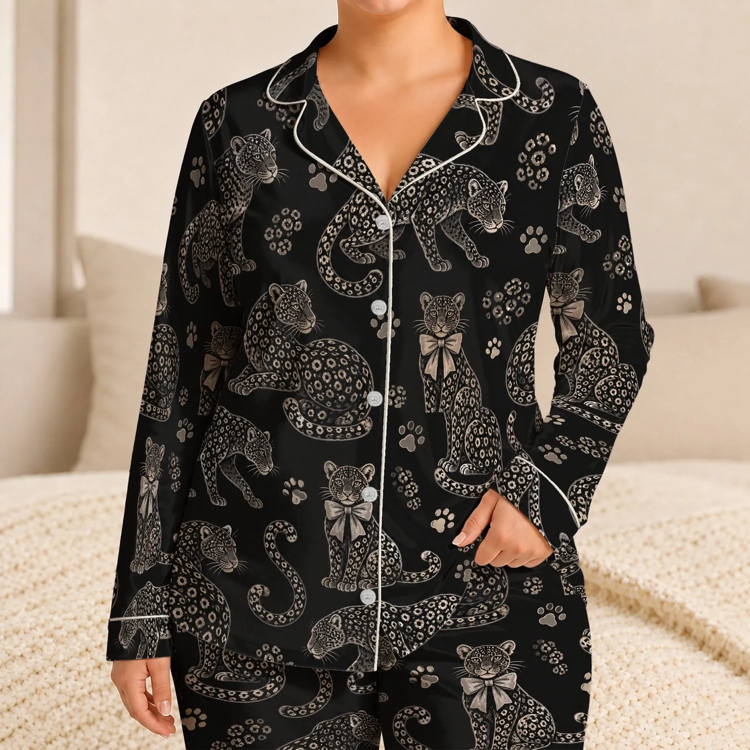 Monochrome Leopard Panther Bow Lounge Gift for Women, Vintage Cat Lover Homewear Satin Pajamas Set - 1