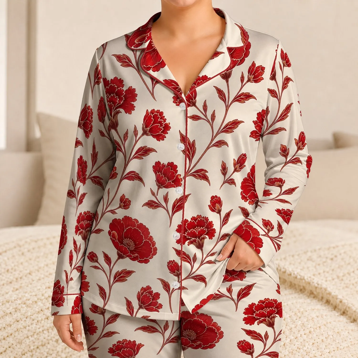 Crimson Poppy Floral Botanical Motif for Cozy Autumn Lounging and Gift Giving Women Satin Pajamas Set - 1