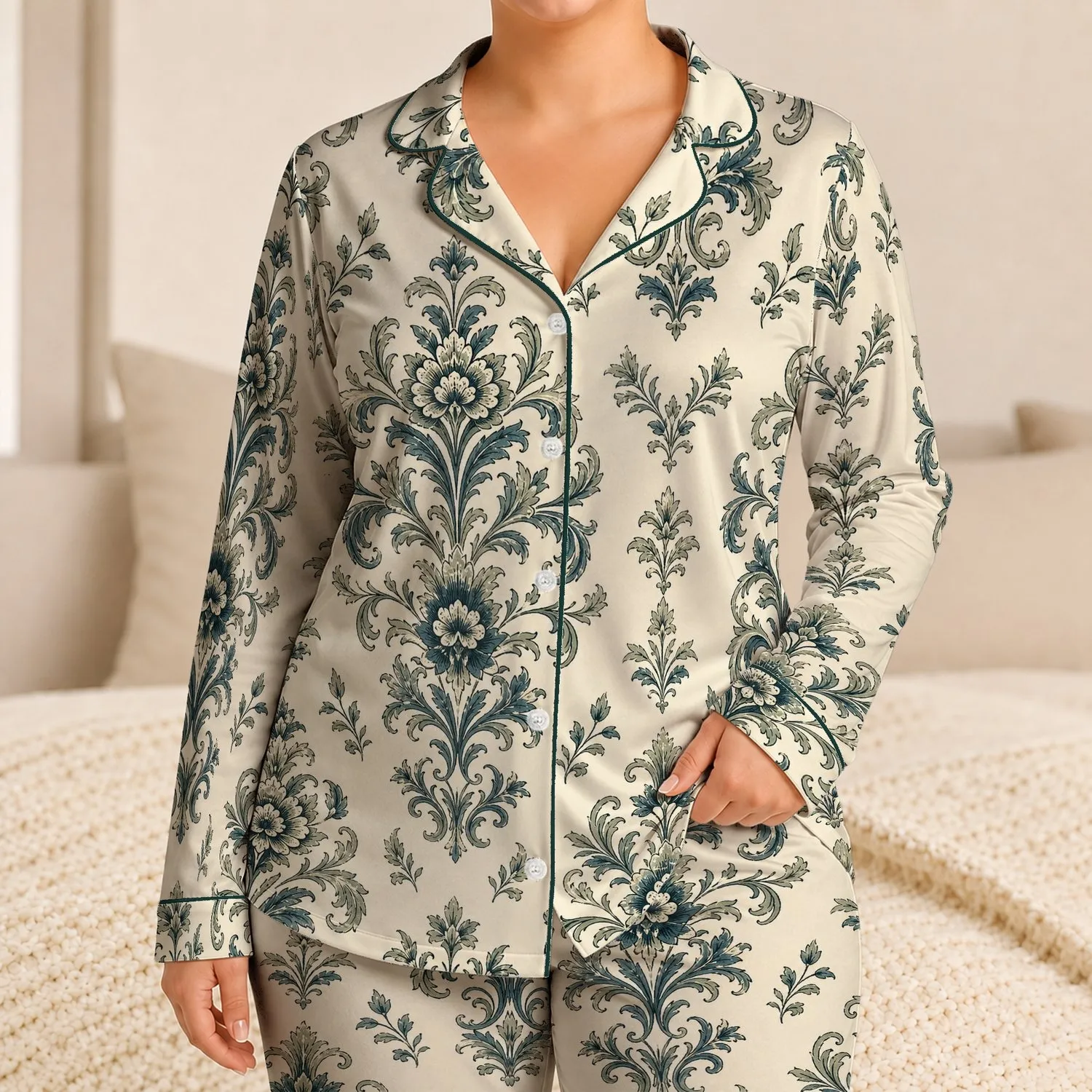Vintage Botanical Damask Floral Motifs For Elegant Lounging And Relaxed Home Days Satin Pajamas Set - 1