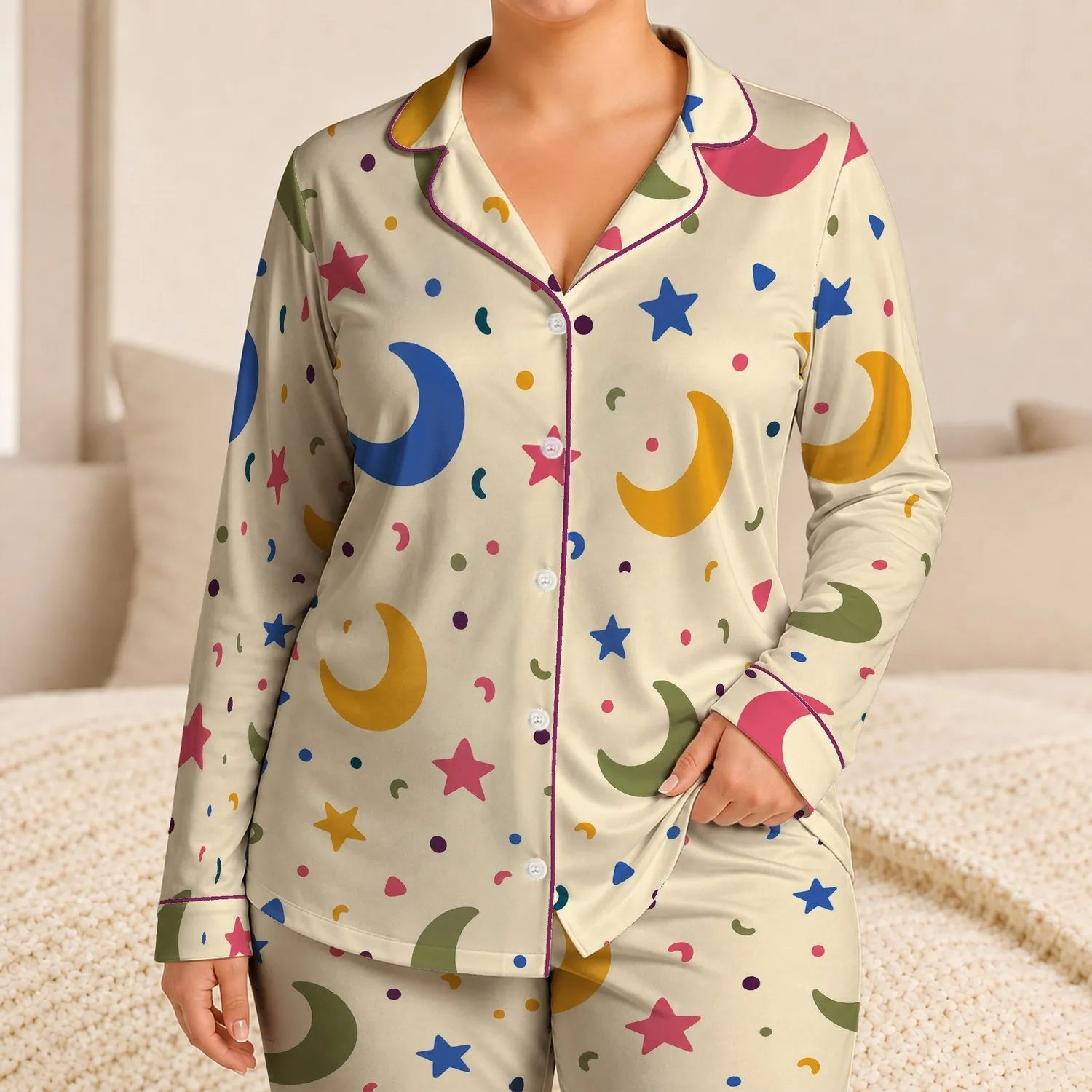 Celestial Moon And Star Nighttime Comfort For Cozy Bedtime Lounging At Home, Women's Satin Pajamas Set - 1