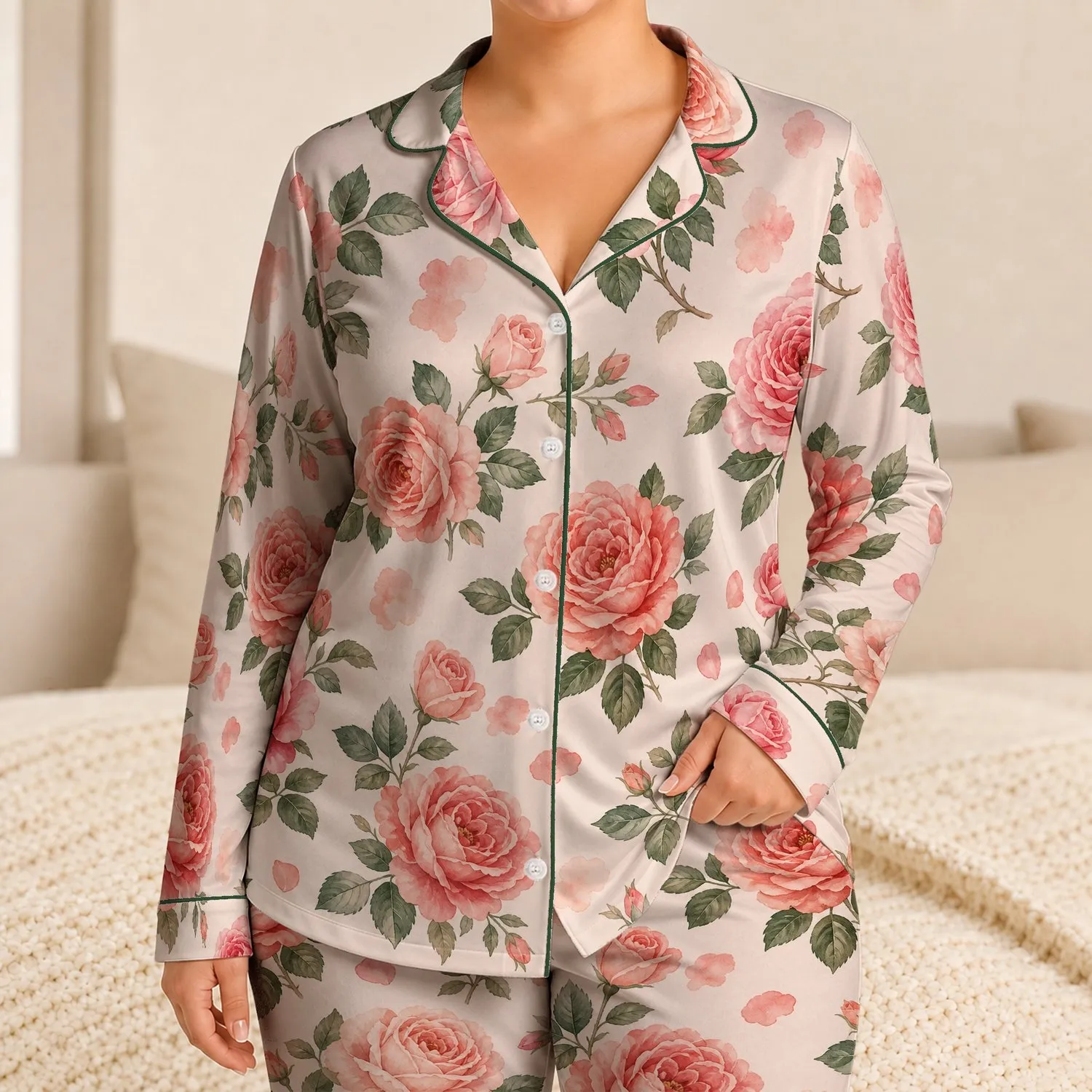 Vintage Rose Garden Floral for Romantic Lounging and Cozy Travel Gifts for Women Satin Pajamas Set - 1