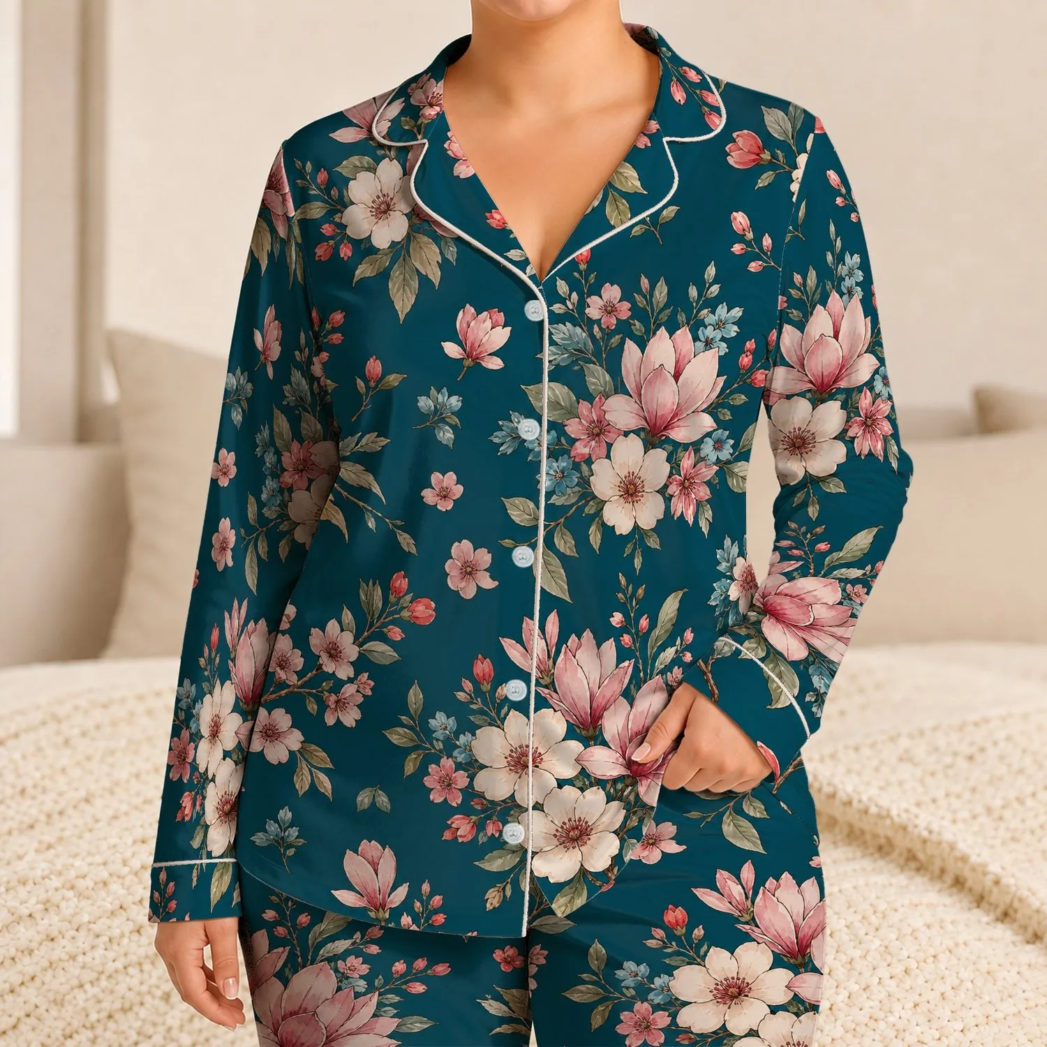 Blush Magnolia Botanical Floral Teal Spring Loungewear Set for Women Home Relaxation Satin Pajamas Set - 1
