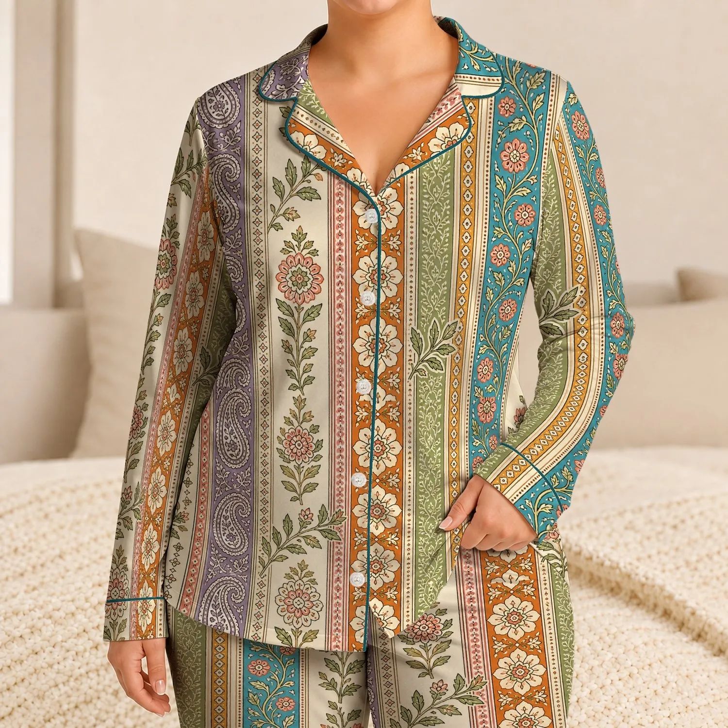 Vintage Botanical Paisley Patchwork Motifs for Summer Lounging and Relaxed Weekends Satin Pajamas Set - 1