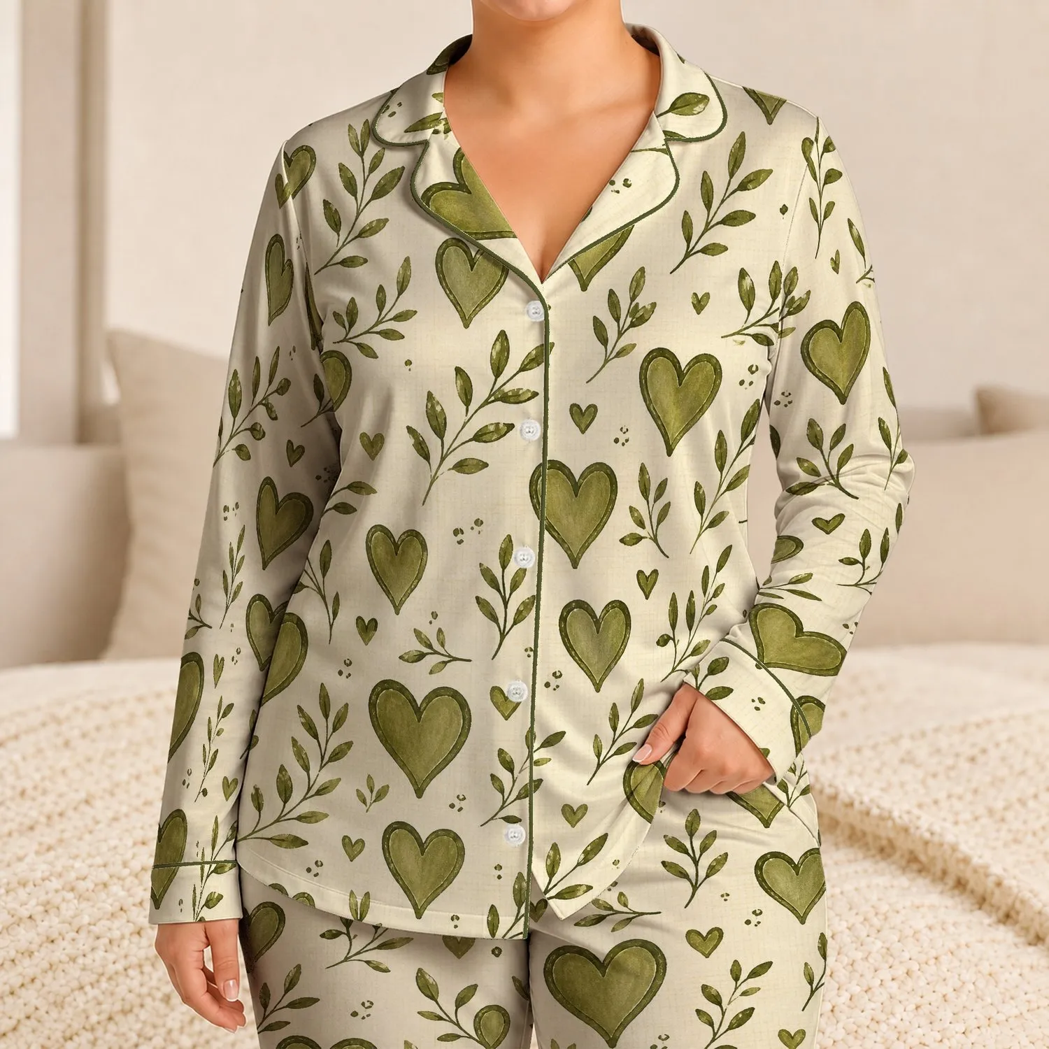 Olive Green Heart Motif Cream Botanical Style Cozy Loungewear Gift For Women And Teens Satin Pajamas Set - 1