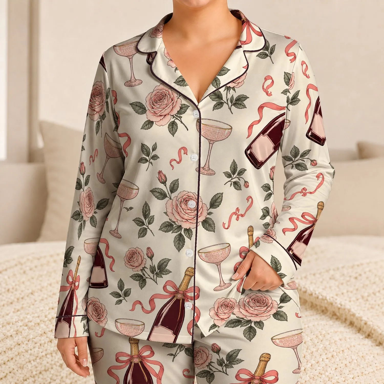 Burgundy Champagne Bottles and Pink Roses for Bridal Party Lounging, Women’s Gift Satin Pajamas Set - 1