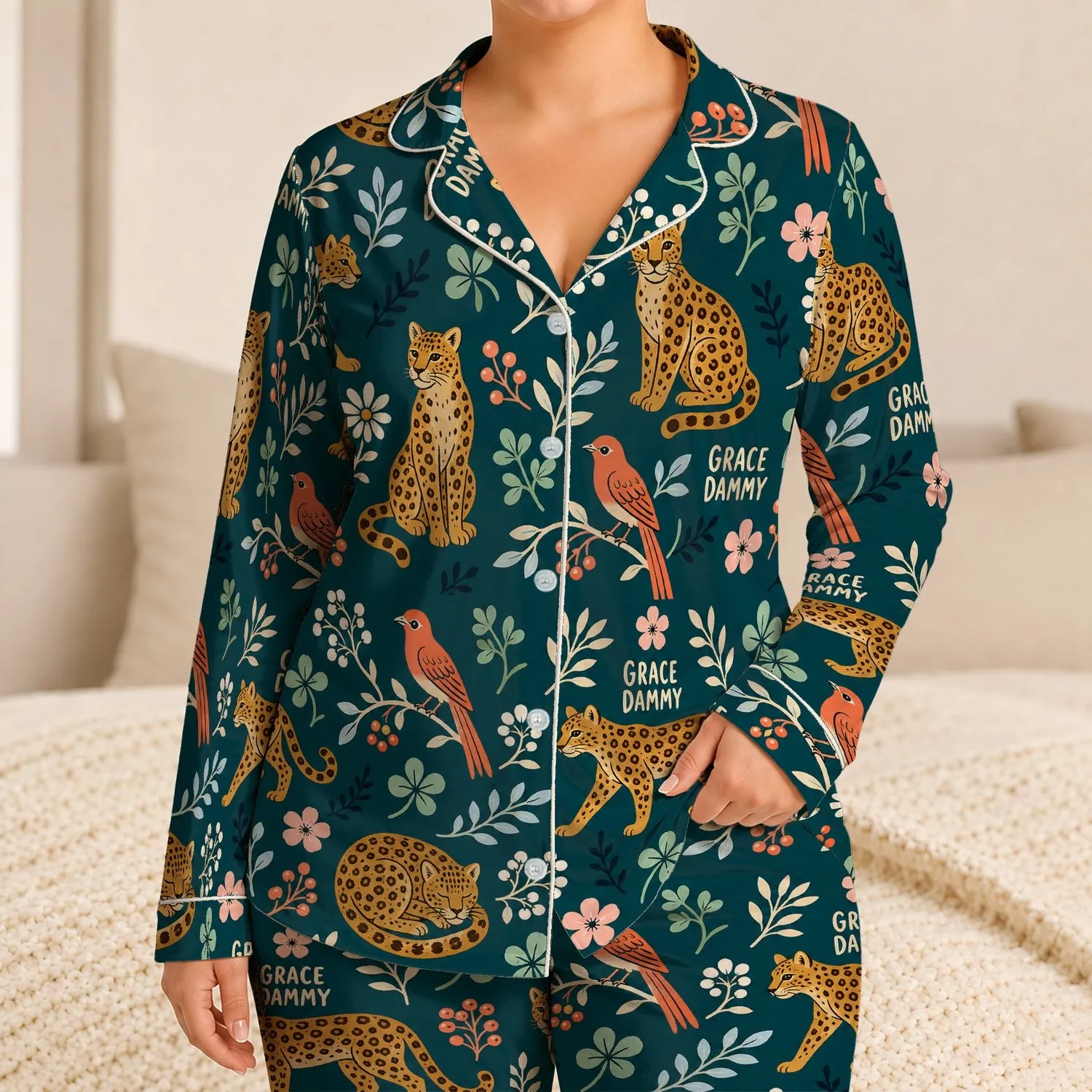 Golden Wild Cats And Coral Songbirds Botanical Grace Dammy Summer Lounge Gift For Her Satin Pajamas Set - 1