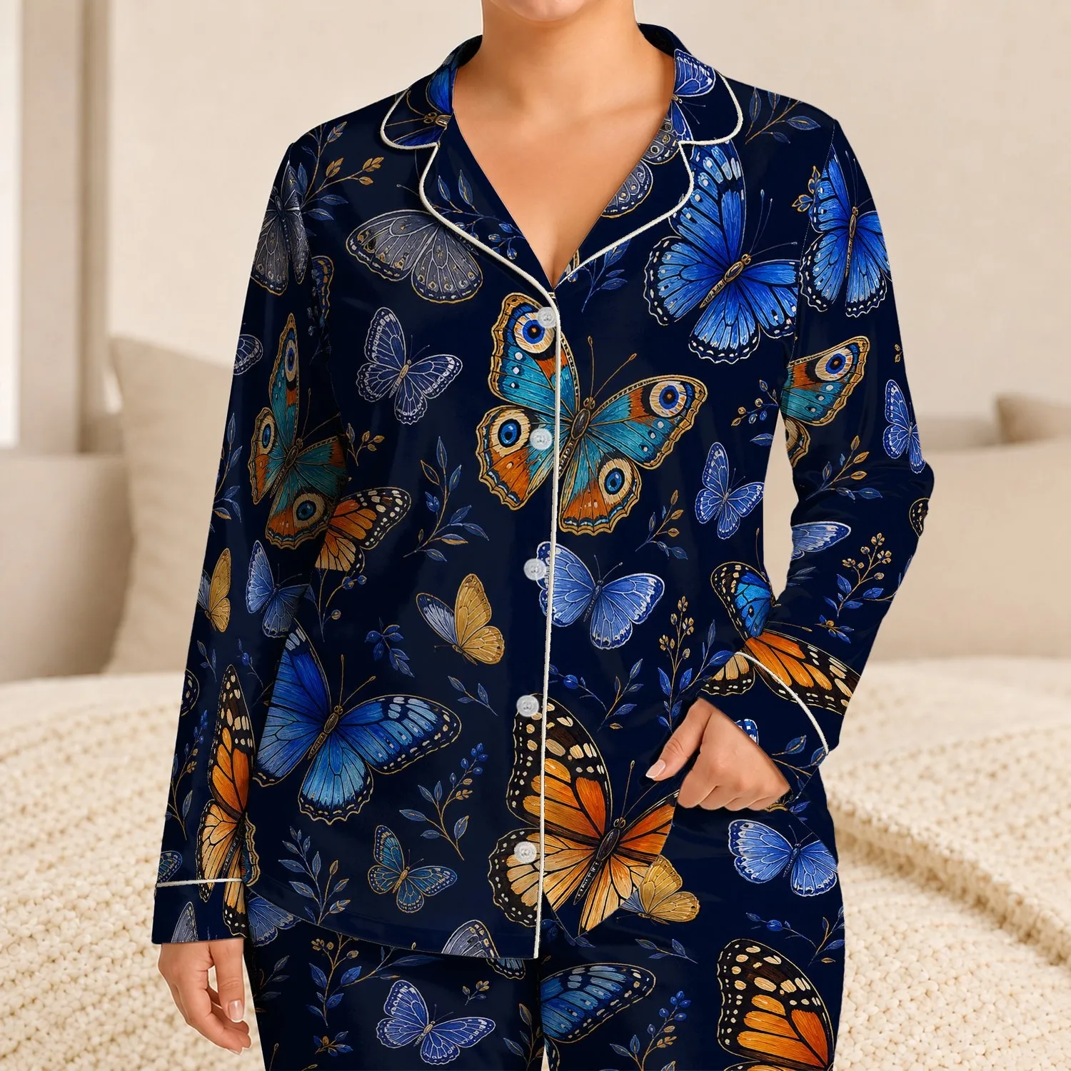 Midnight Navy Butterfly Motif for Cozy Lounging, Relaxed Bedtime, and Whimsical Styling Satin Pajamas Set - 1