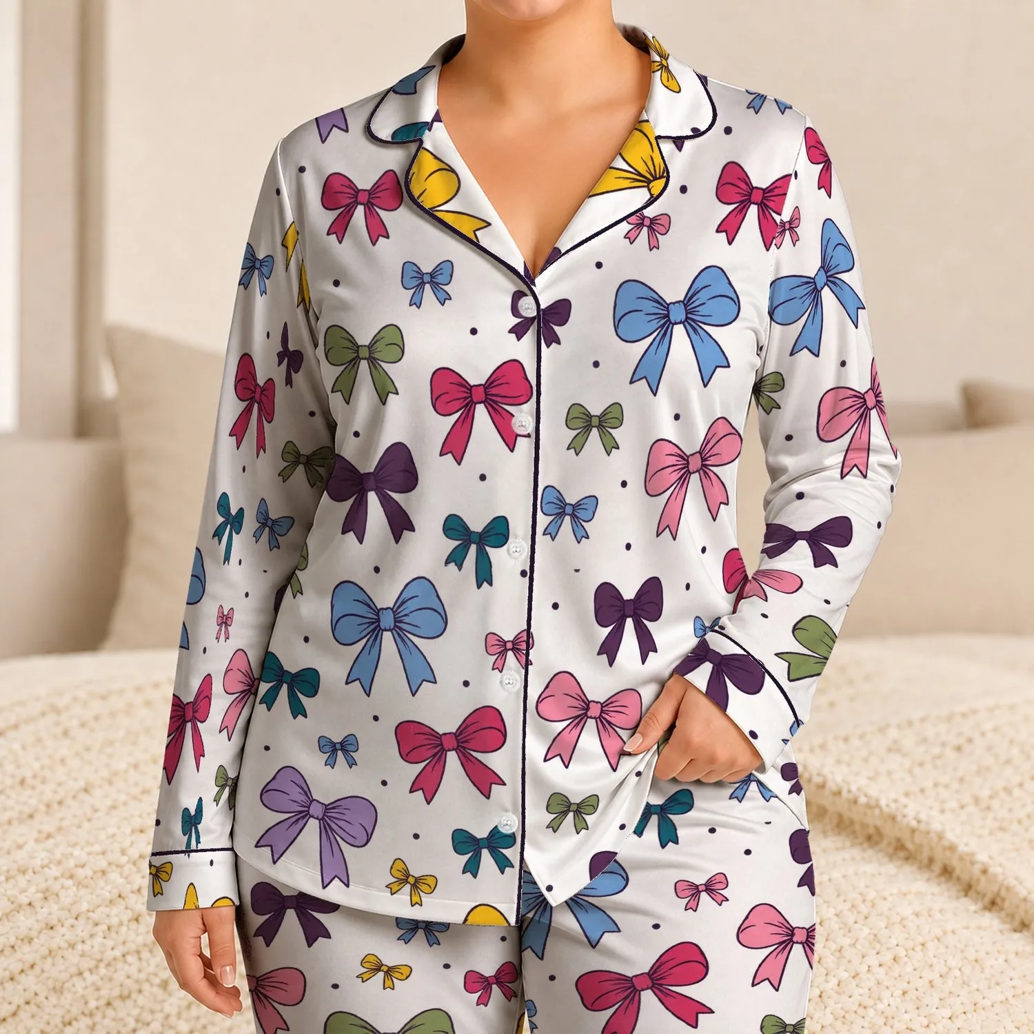 Multicolor Ribbon Bows For Cozy Lounging, Relaxed Weekends, And Gift Giving For Her Satin Pajamas Set - 1