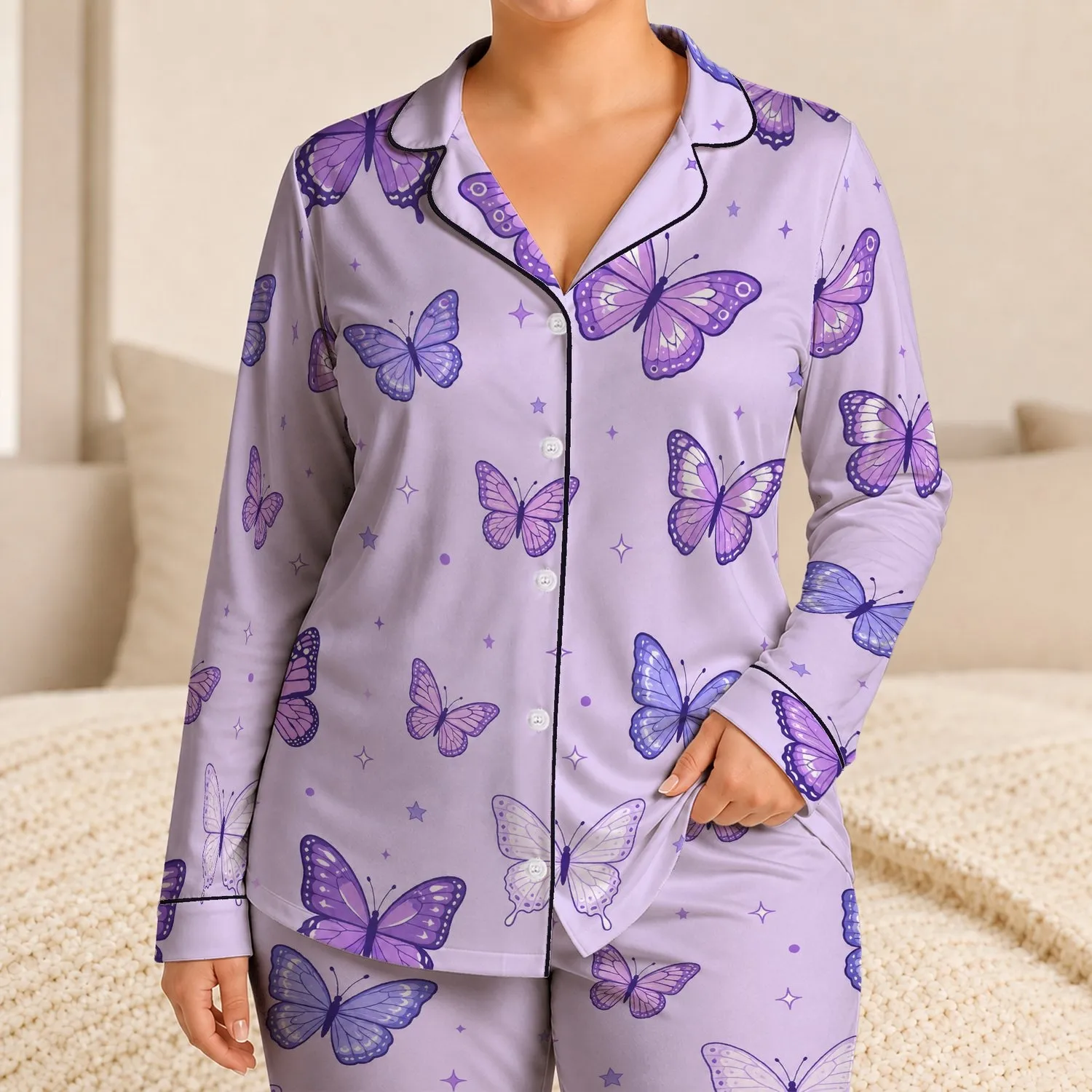 Purple Butterfly Sparkle Gift for Women, Whimsical Lavender Bedtime Lounge Style Satin Pajamas Set - 1