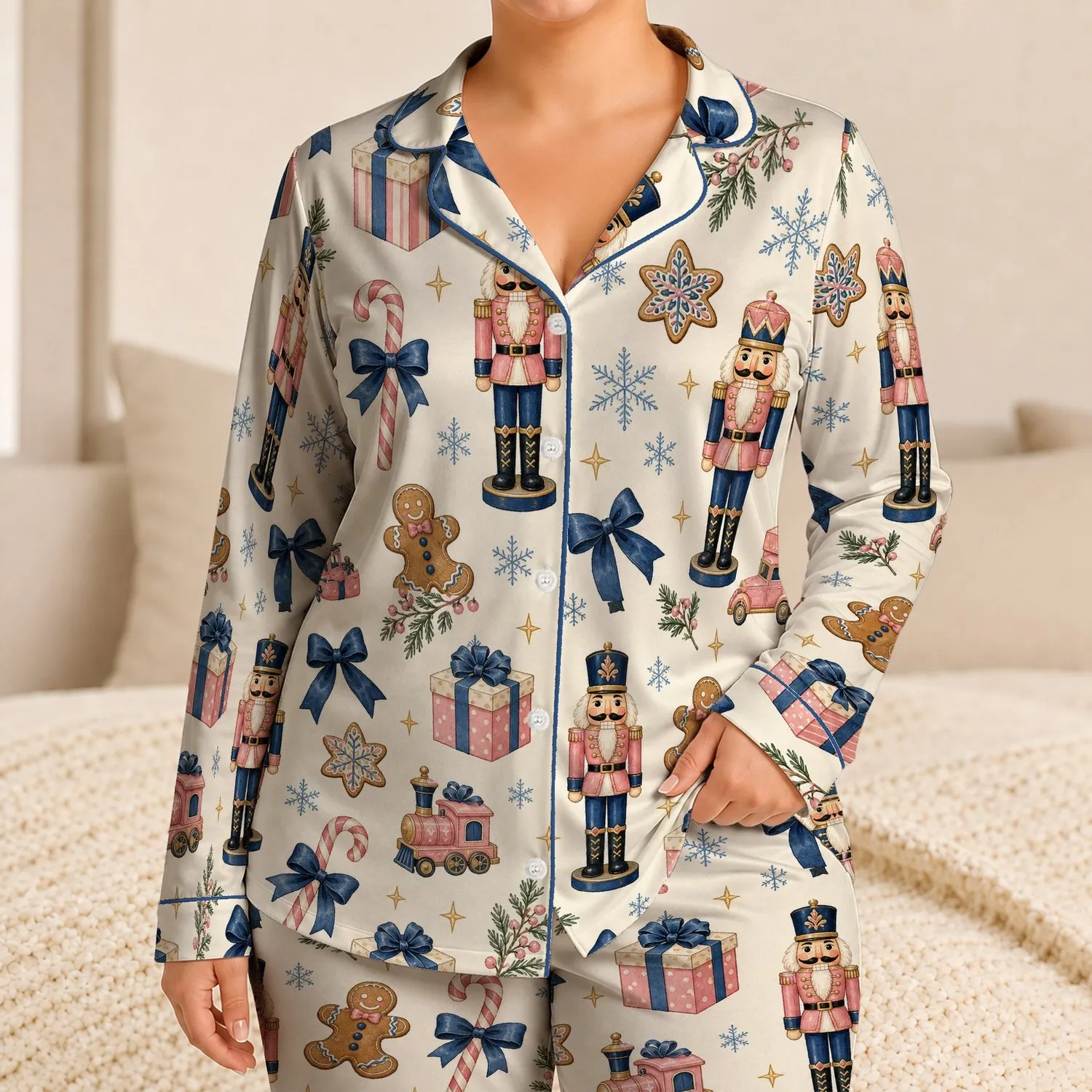 Christmas Nutcracker Gifts, Bows And Candy Canes For Cozy Holiday Lounging At Home Satin Pajamas Set - 1