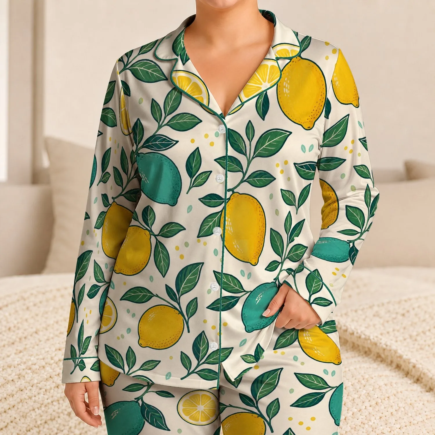 Lemon Citrus Fruit and Leaf Motifs for Cozy Home Lounging, Women's Stretch Comfort Satin Pajamas Set - 1