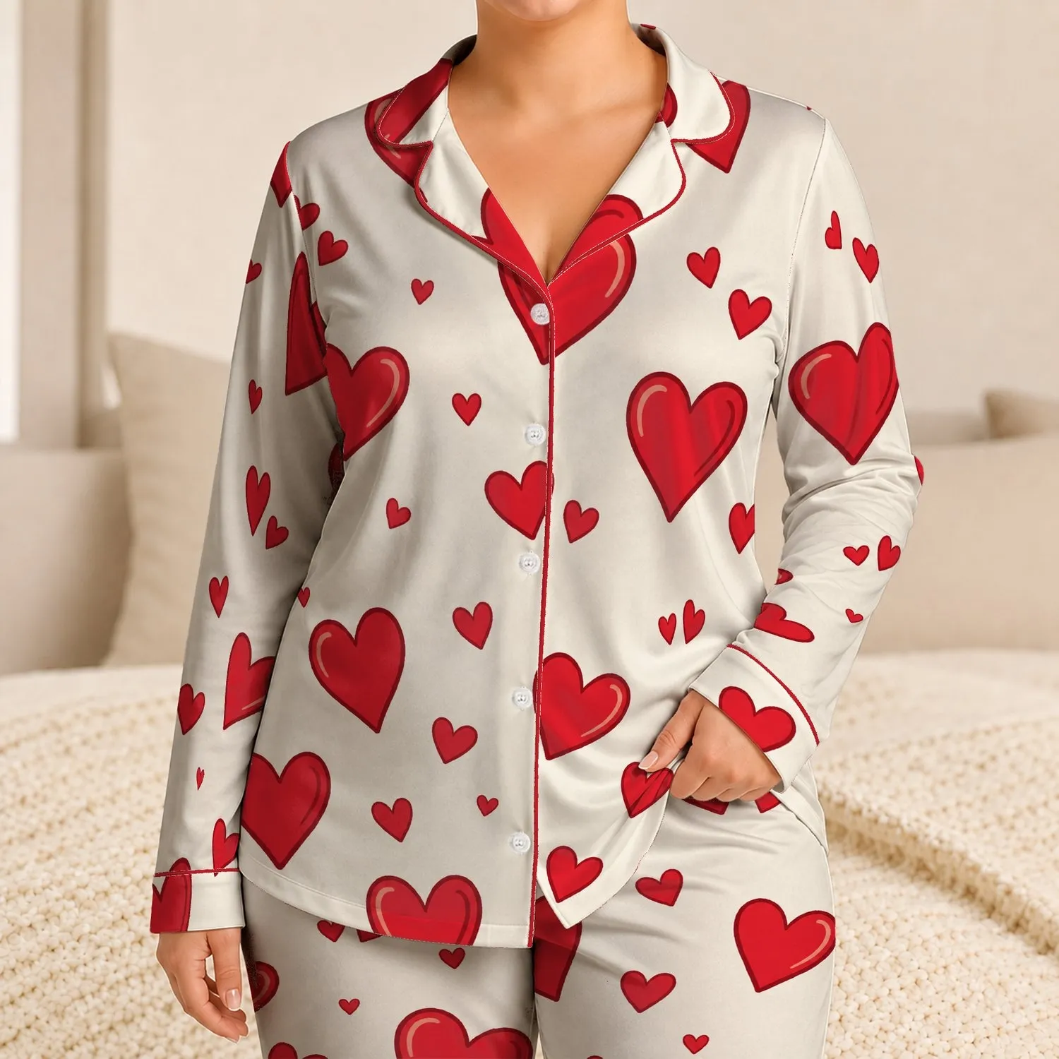 Scattered Red Heart Motifs for Valentine’s Day Couples Matching Romantic Gift Idea Satin Pajamas Set - 1