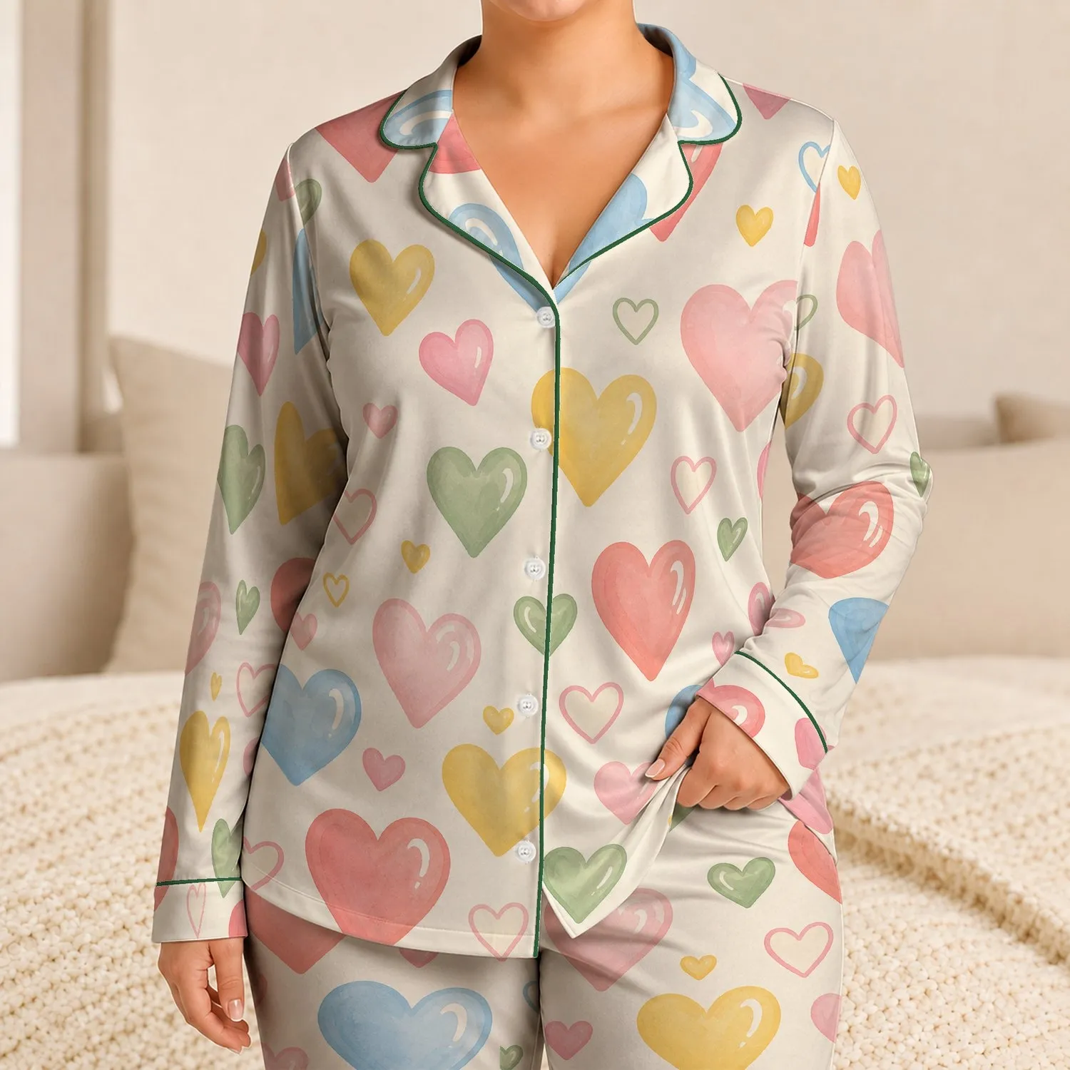 Pastel Heart Motif for Cozy Lounging, Relaxed Weekends, and Sweet Everyday Style Satin Pajamas Set - 1