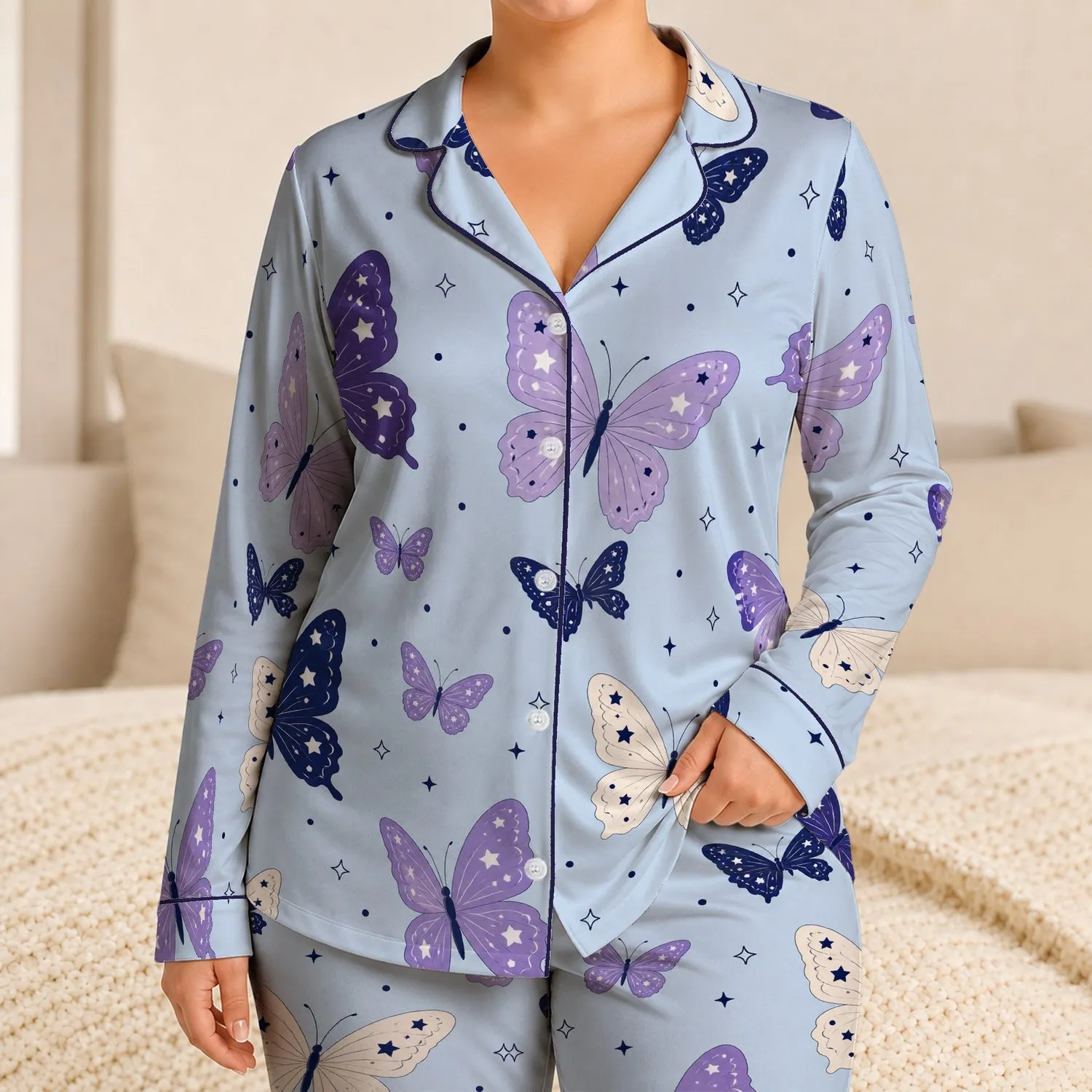 Butterfly Starlight Lounge Set for Cozy Nights, Relaxed Weekends, and Women’s Gifts Satin Pajamas Set - 1