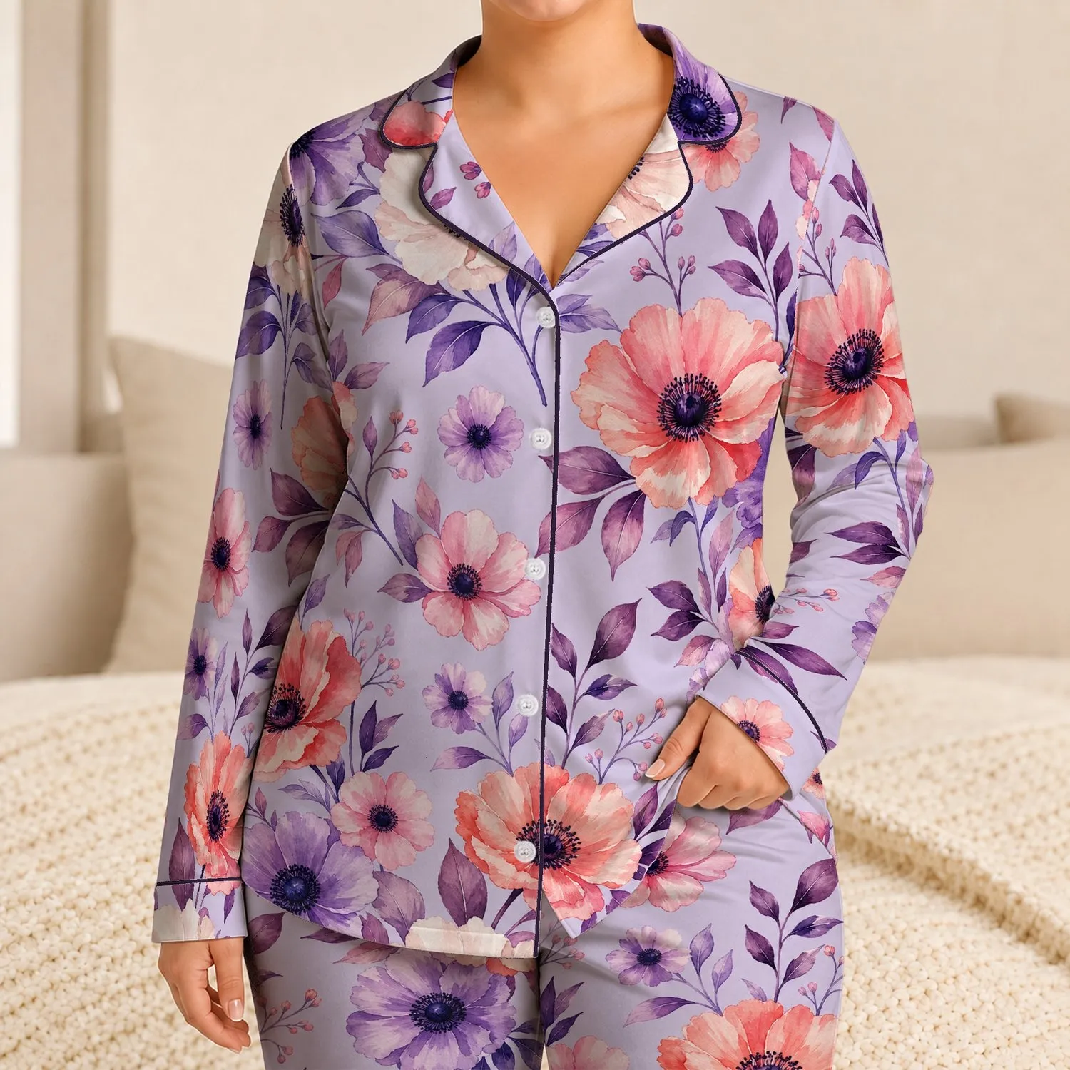 Coral Lavender Botanical Blooms for Cozy Spring Lounging, Relaxing, and Gift Giving Satin Pajamas Set - 1