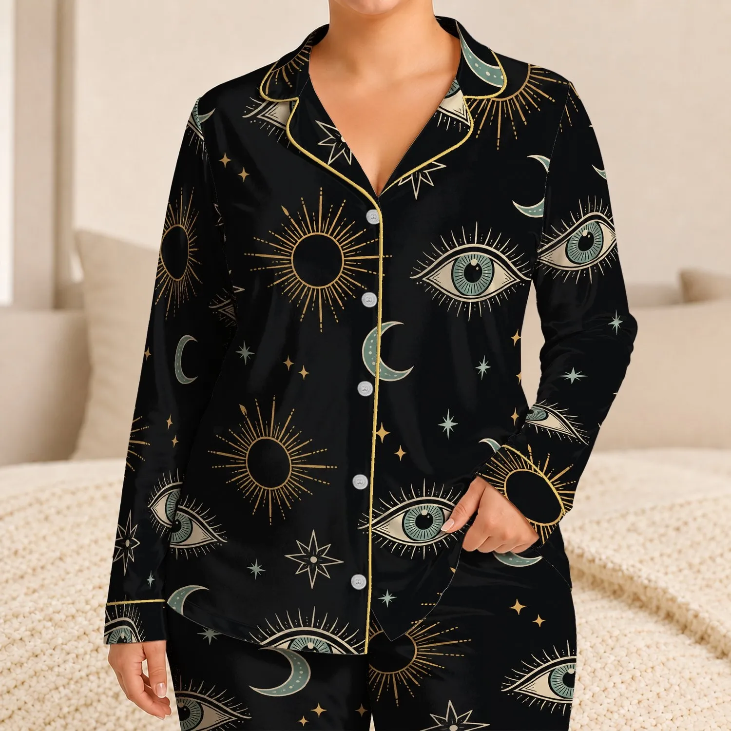 Celestial Eyes, Moons And Stars For Mystical Lounging, Witchy Gifts And Cozy Nights Satin Pajamas Set - 1