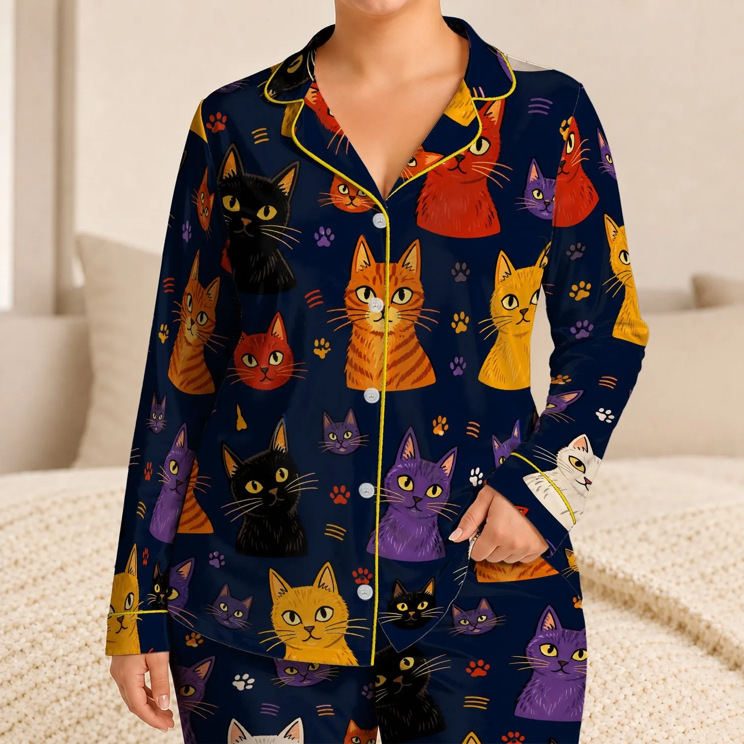 Colorful Cat Faces on Midnight Navy Lounge Apparel for Cat Lovers and Cozy Nights Satin Pajamas Set - 1