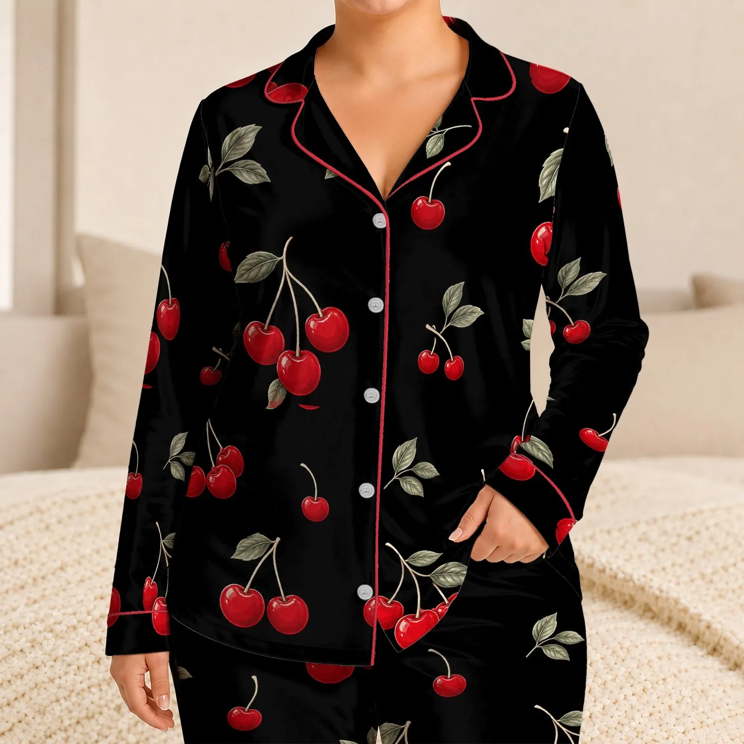 Black Cherry Motif Cozy Homewear for Relaxed Evenings and Holiday Gifts for Women Satin Pajamas Set - 1