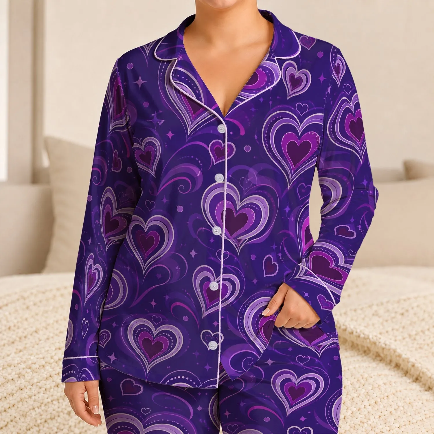 Purple Neon Heart Motifs for Cozy Nights and Romantic Lounging, Plus Size Gift Idea Satin Pajamas Set - 1