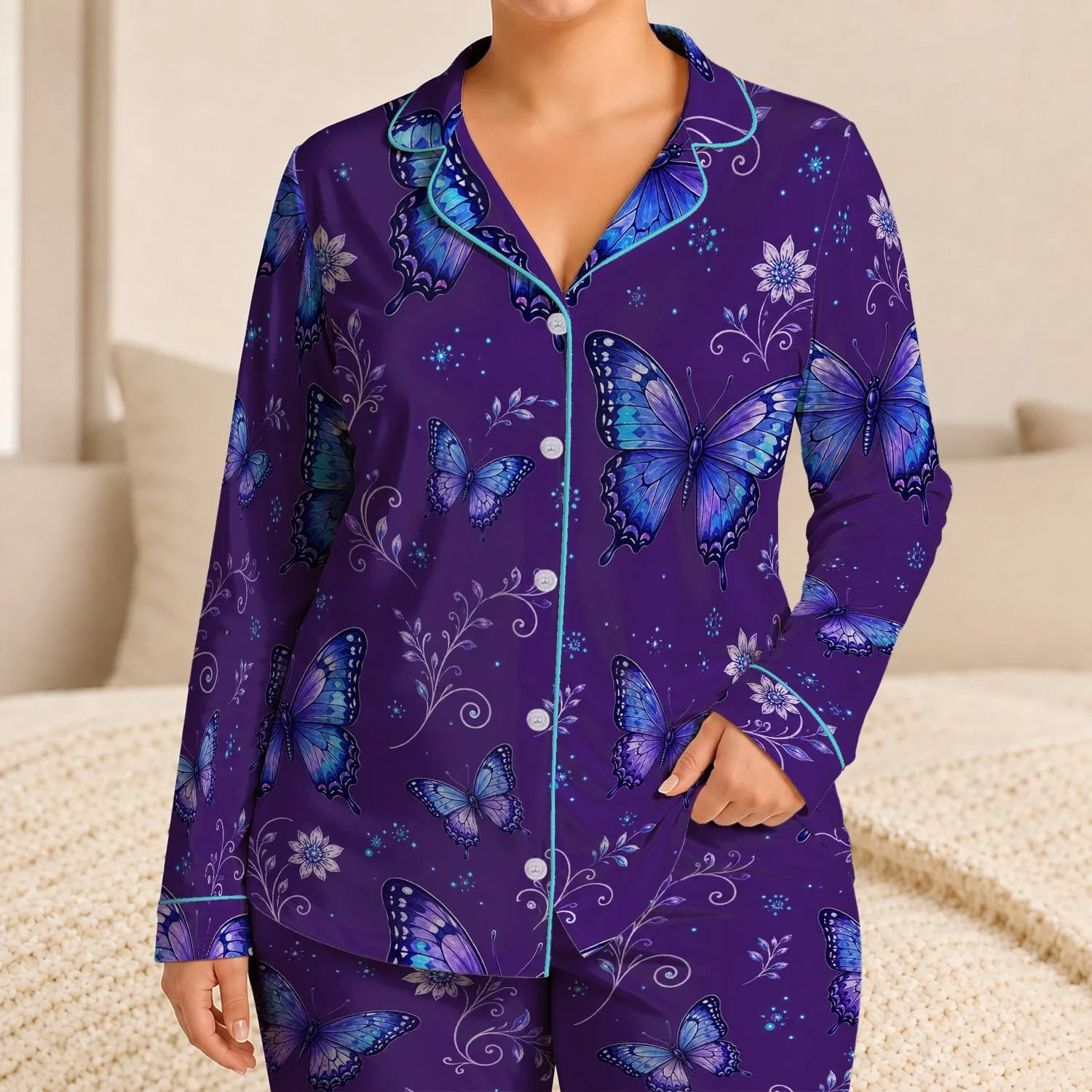 Blue Violet Butterfly Botanical Look for Lounging and Travel, Women's Relaxed Fit Satin Pajamas Set - 1