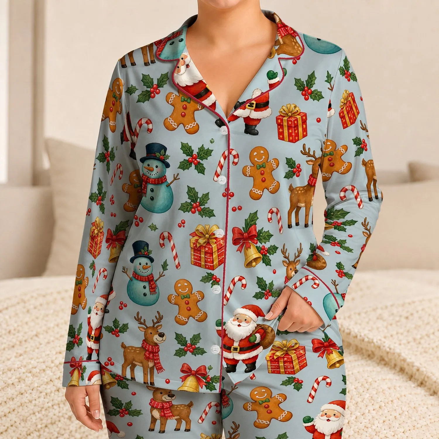 Santa Snowmen Gingerbread Holiday Loungewear for Christmas Gatherings and Cozy Nights Satin Pajamas Set - 1