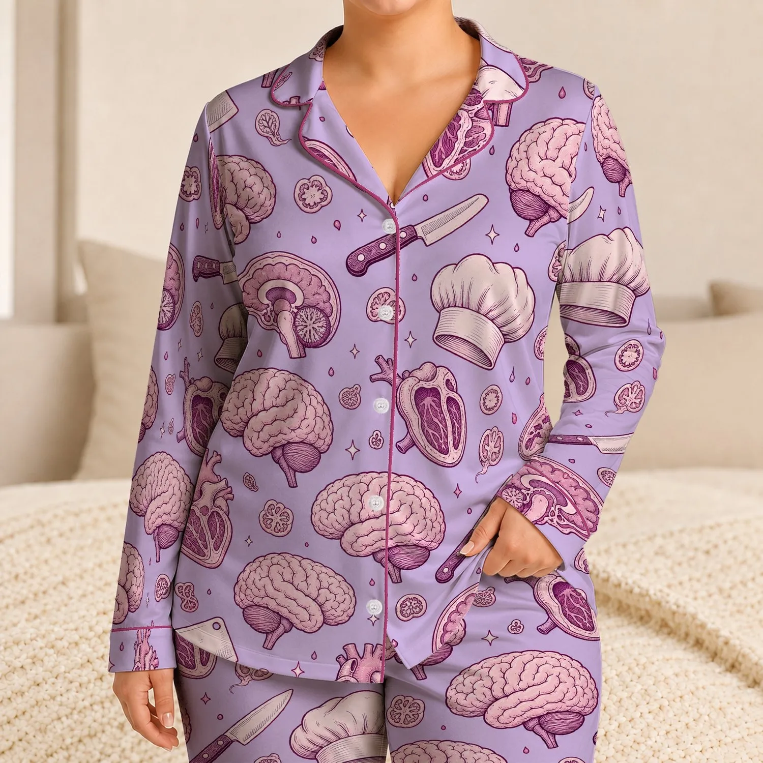 Anatomical Brain Heart Chef Hat Motifs for Quirky Culinary Gifts and Cozy Lounging Satin Pajamas Set - 1