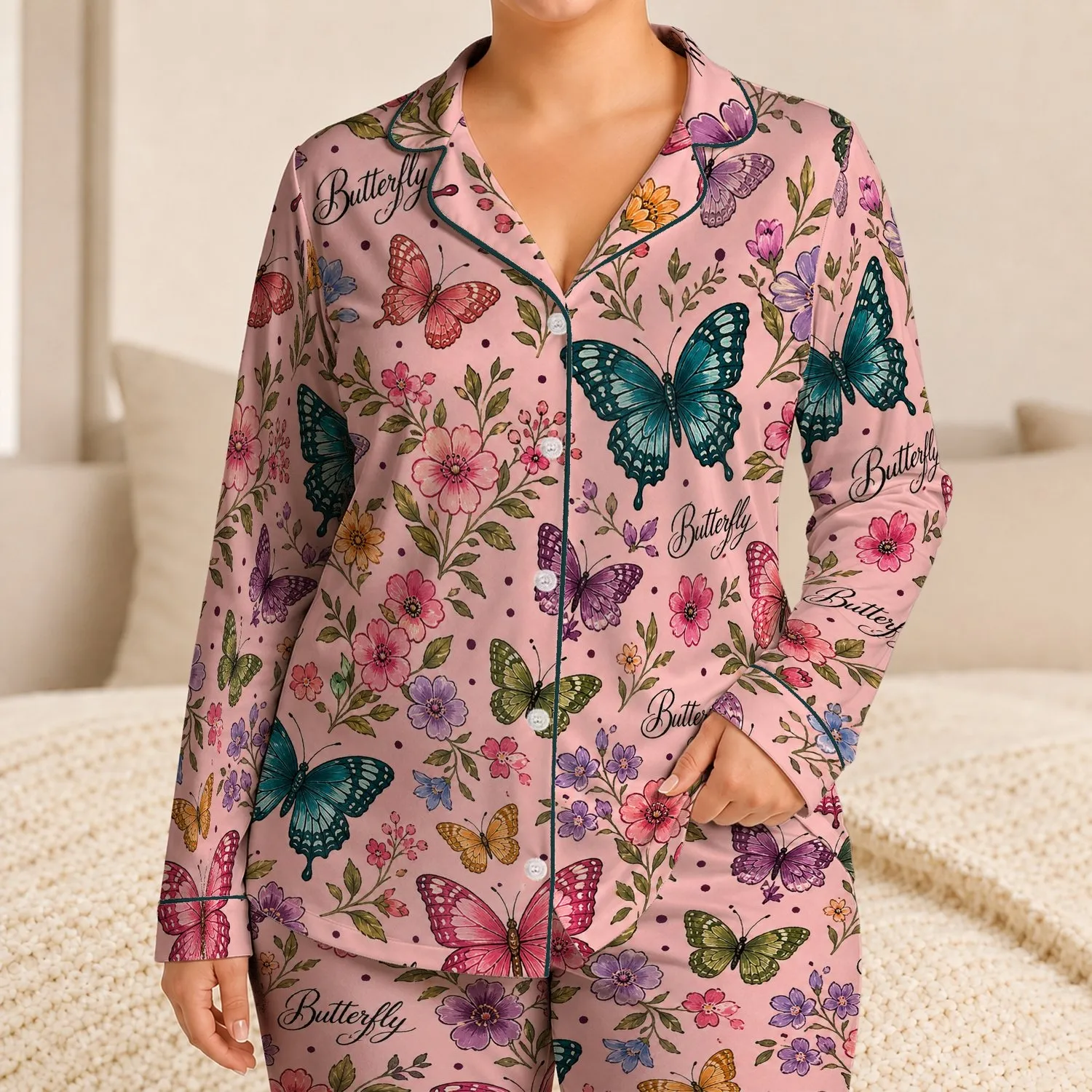 Butterfly Script Lounge Set for Cozy Home Relaxation, Weekend Comfort and Gifting Satin Pajamas Set - 1