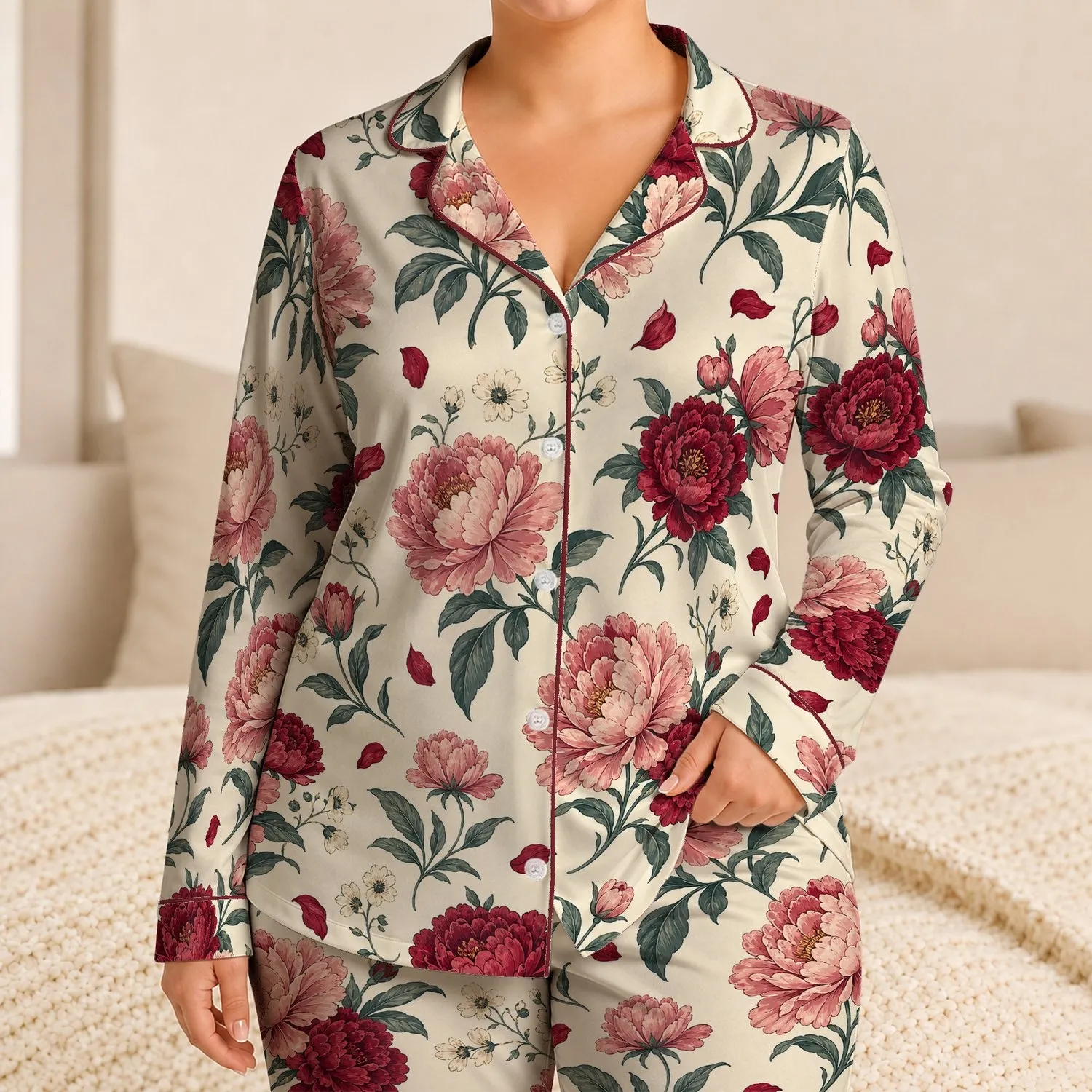Vintage Blush Peony Garden For Romantic Cottagecore Bedtime And Relaxed Weekend Lounging Satin Pajamas Set - 1