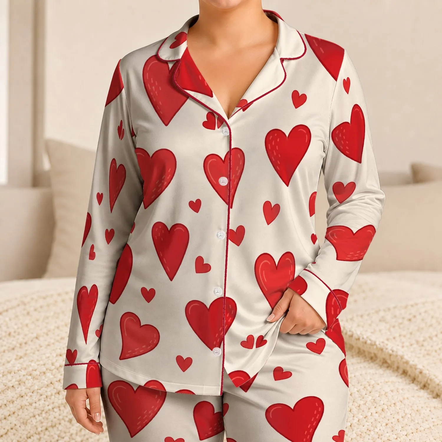 Red Heart Valentine Romance Lounge Gift for Couples, Sweethearts, and Romantic Women Satin Pajamas Set - 1