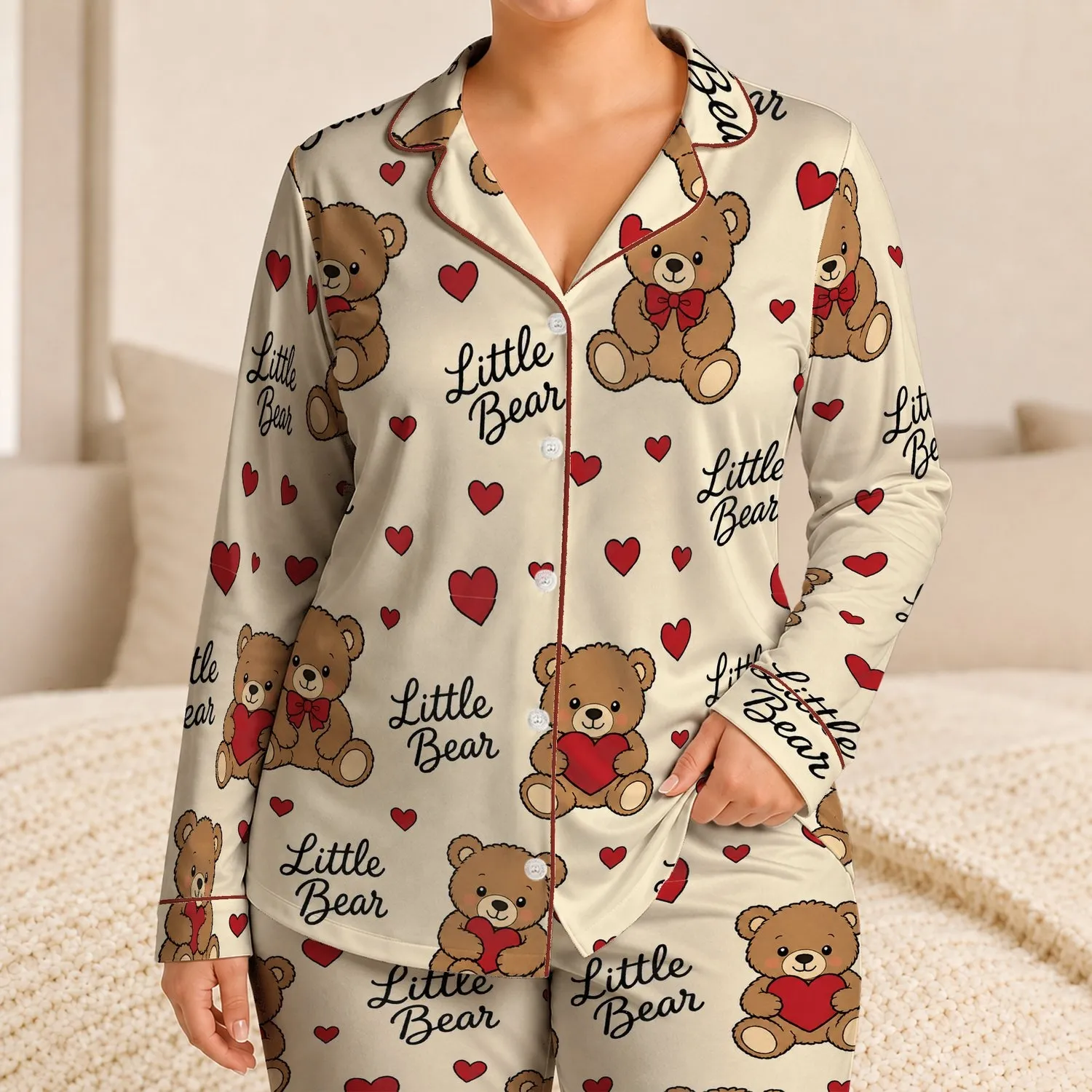 Little Bear Hearts Cozy Valentine's Day Gift For Teddy Bear Lovers And Family Gifting Satin Pajamas Set - 1