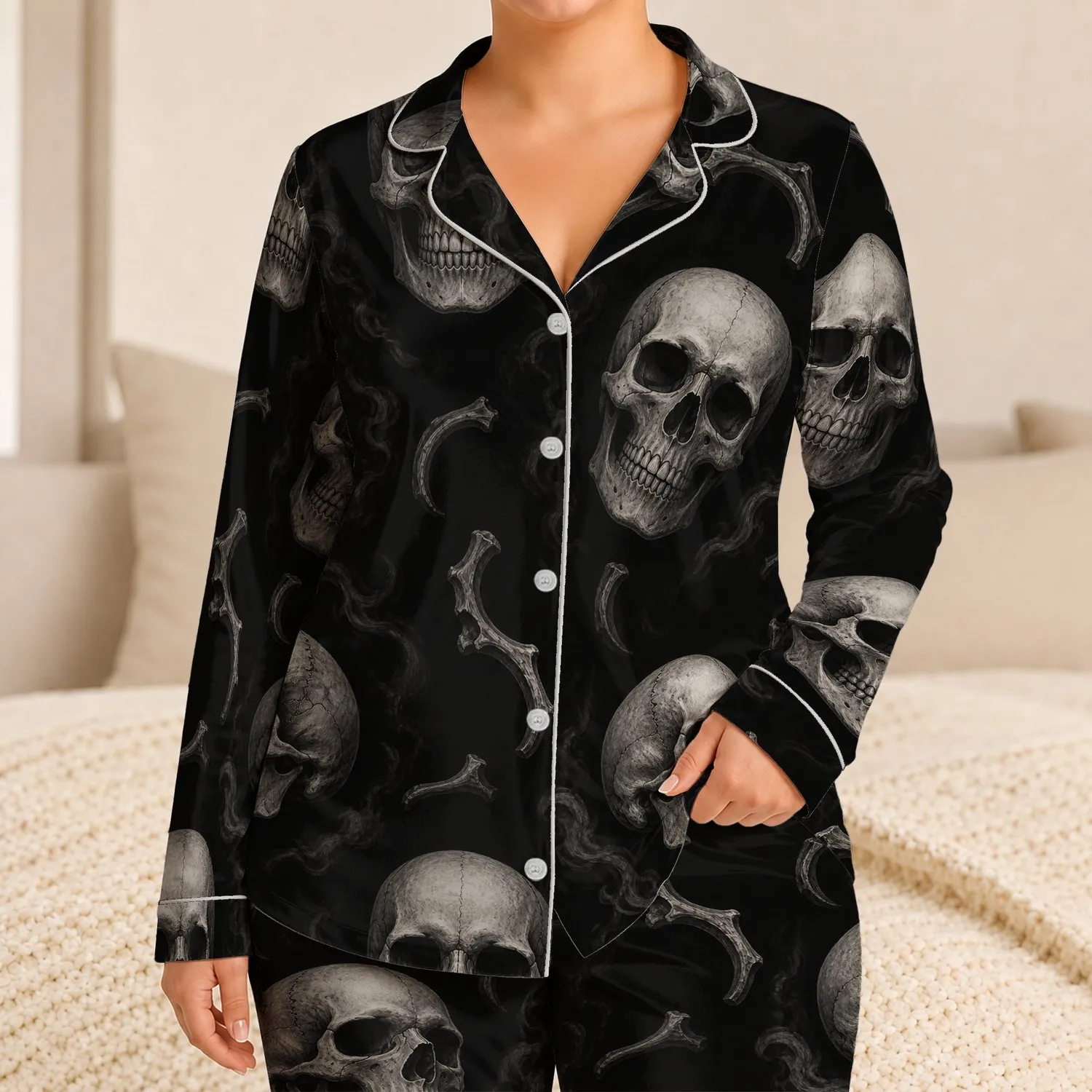 Monochrome Skull Motifs for Halloween Lounging, Gothic Night Style, Women's Plus Size Satin Pajamas Set - 1