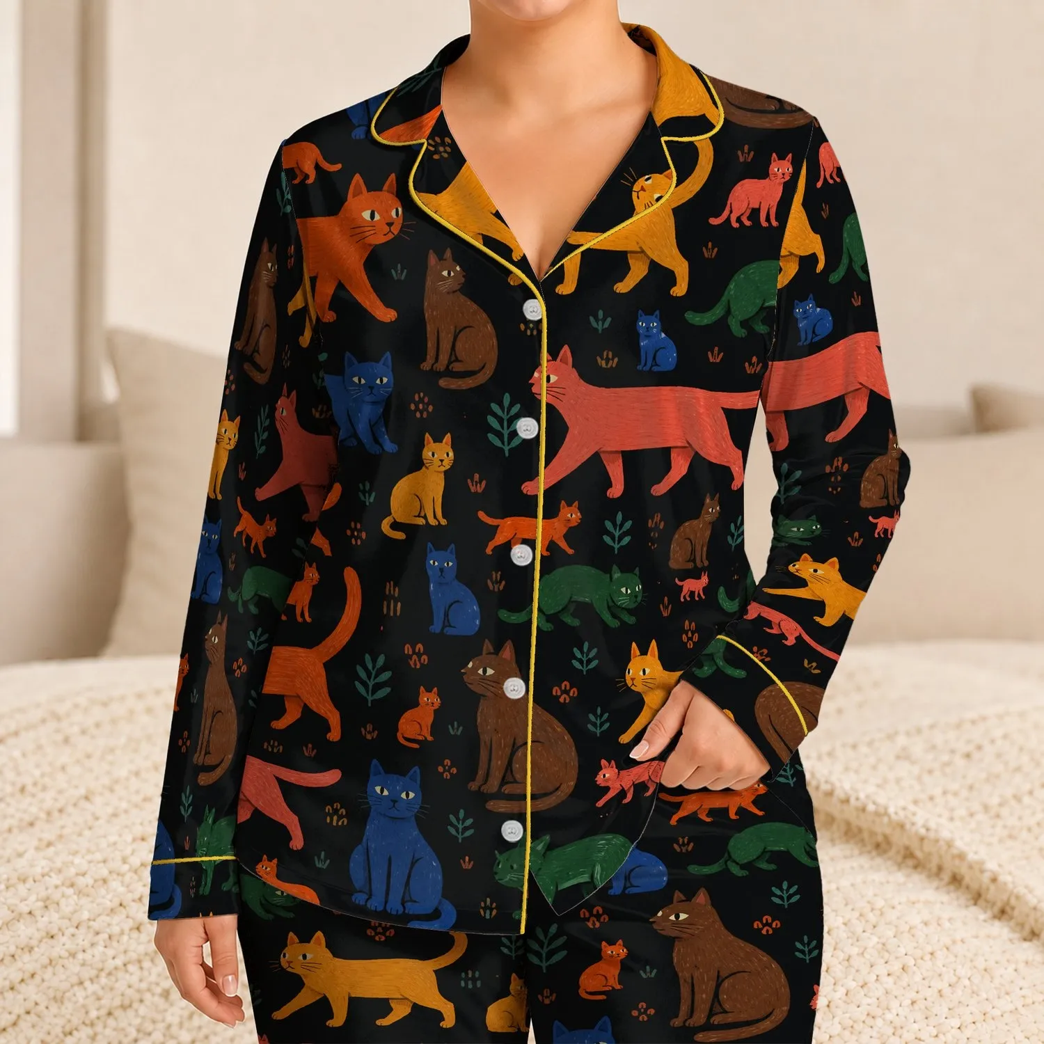 Colorful Cat Motif Cozy Loungewear for Relaxed Evenings, Travel, and Weekend Comfort Satin Pajamas Set - 1