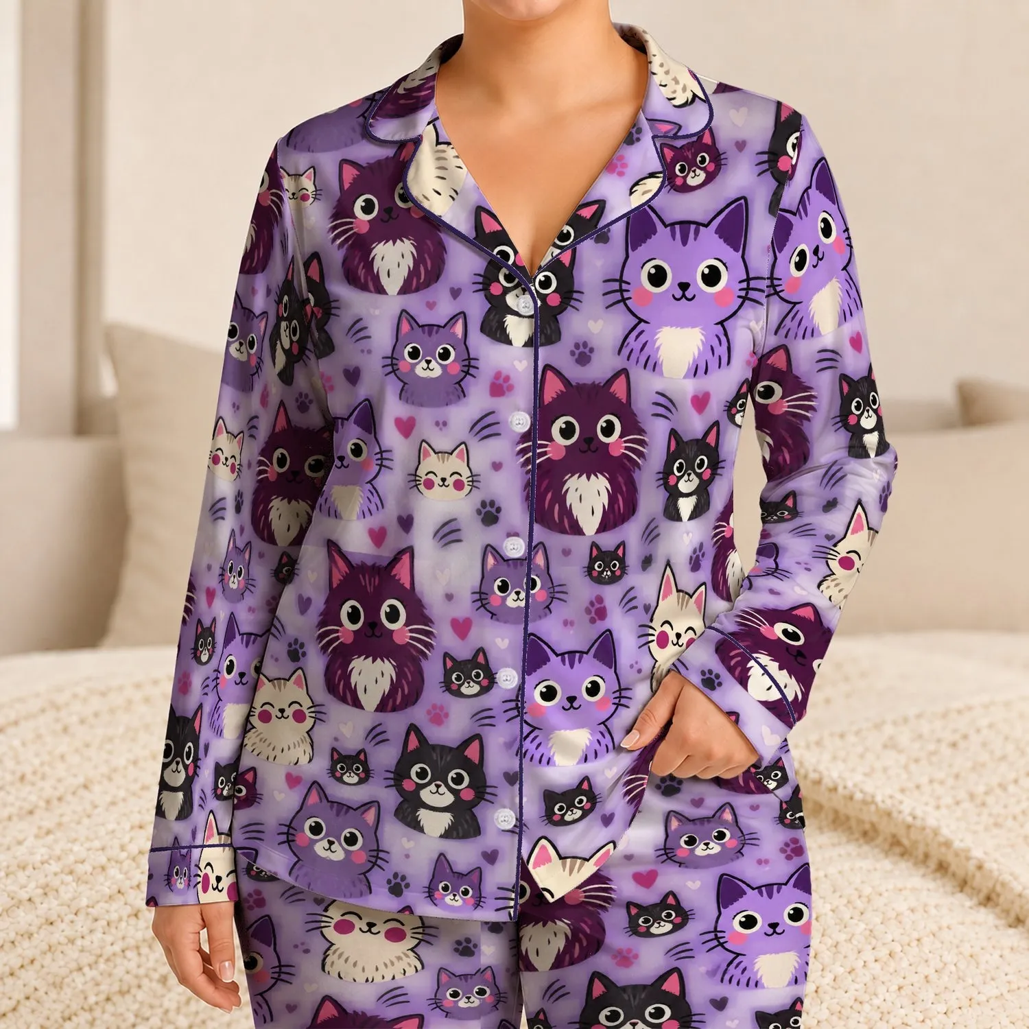 Whimsical Cat Faces On Lavender For Cozy Lounging, Relaxed Weekends And Cat Lovers Satin Pajamas Set - 1