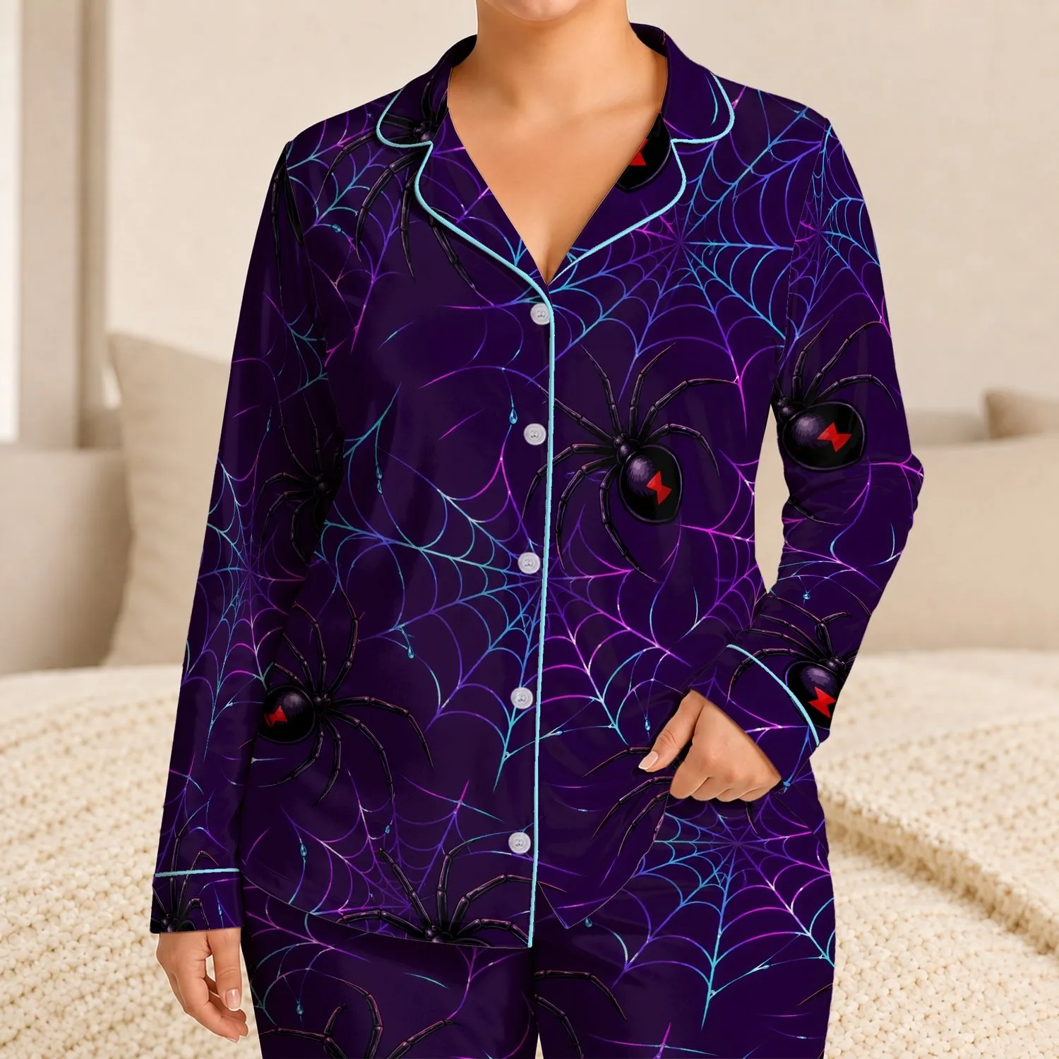 Black Widow Spider Web Halloween Lounge Style, Neon Purple Aesthetic, Dark Trendy Gift Satin Pajamas Set - 1