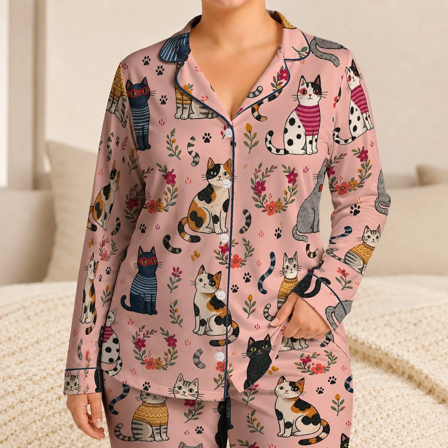 Whimsical Cat Floral Motifs for Cozy Lounging, Cat Lover Gifts, and Everyday Home Comfort Satin Pajamas Set - 1