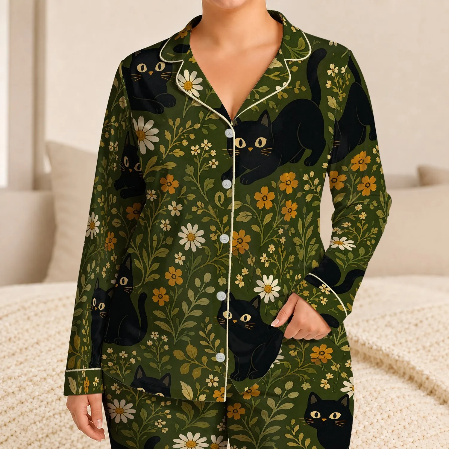 Black Cat Botanical Meadow Floral Motif For Cozy Lounging And Relaxed Weekend Sleep Satin Pajamas Set - 1