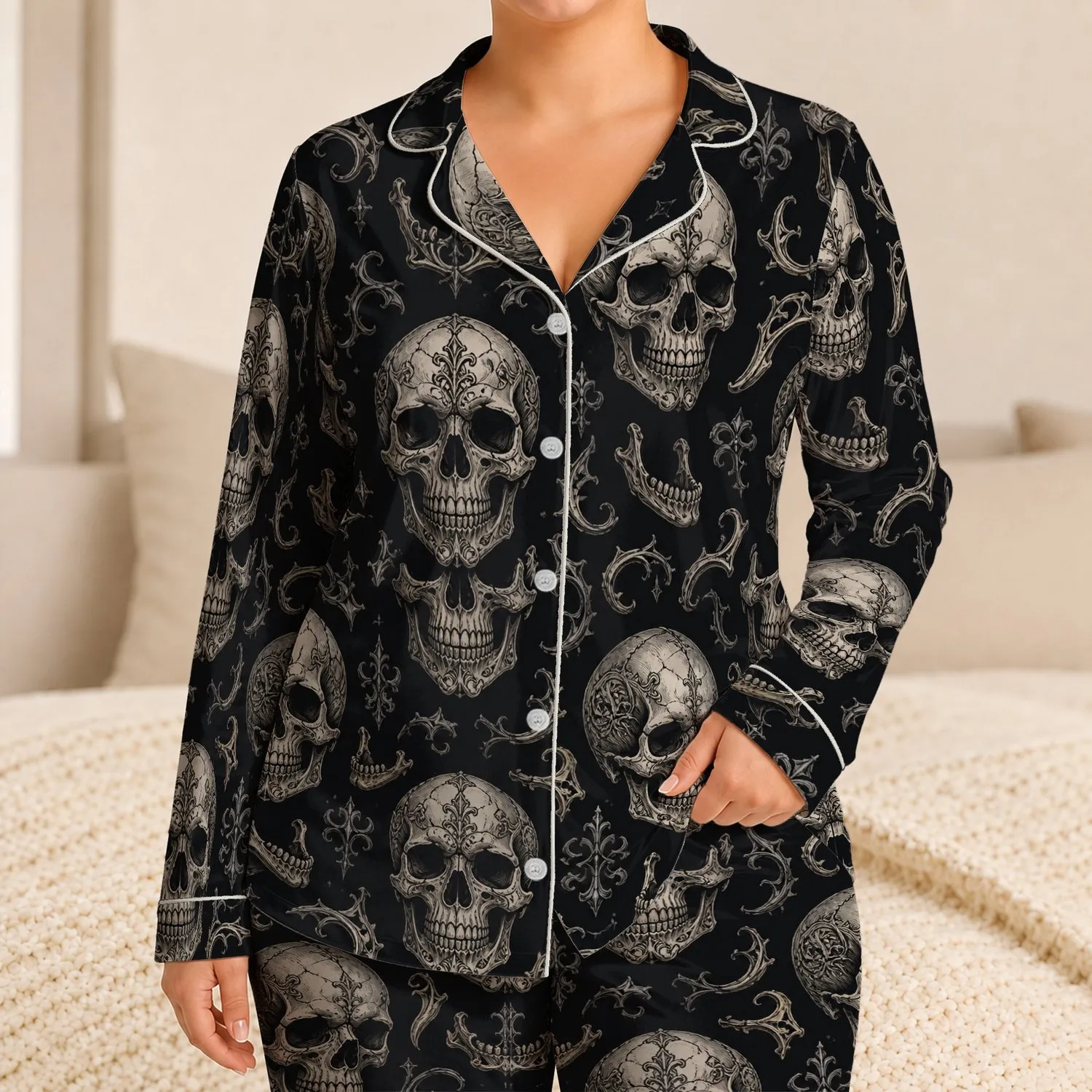 Gothic Skull Motifs for Dark Alternative Loungewear, Halloween Parties, and Gifts Satin Pajamas Set - 1