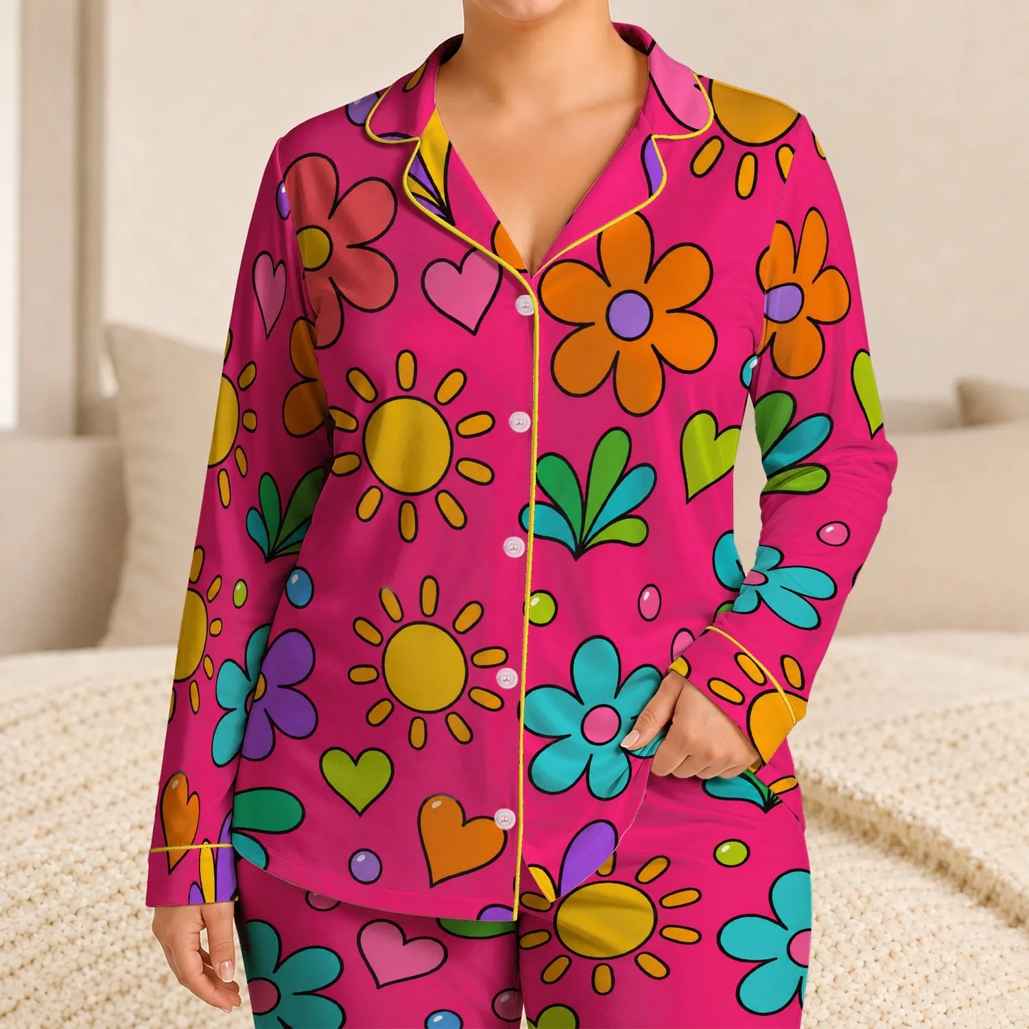 Retro Psychedelic Flowers Hearts and Sun Motifs for Colorful Lounge Style Gift Ideas Satin Pajamas Set - 1