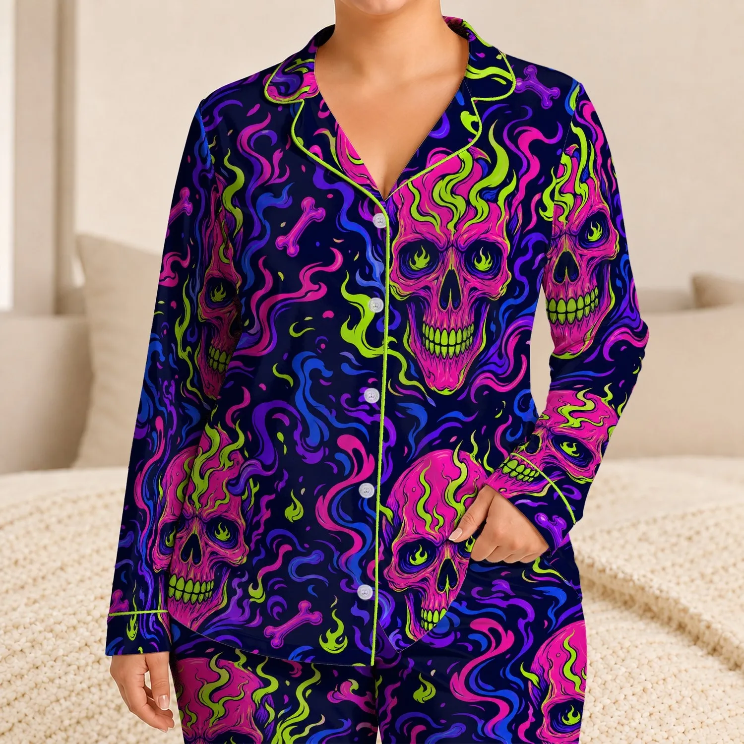 Neon Cyberpunk Skull Motifs for Festivals, Nightlife, and Bold Plus Size Streetwear Satin Pajamas Set - 1