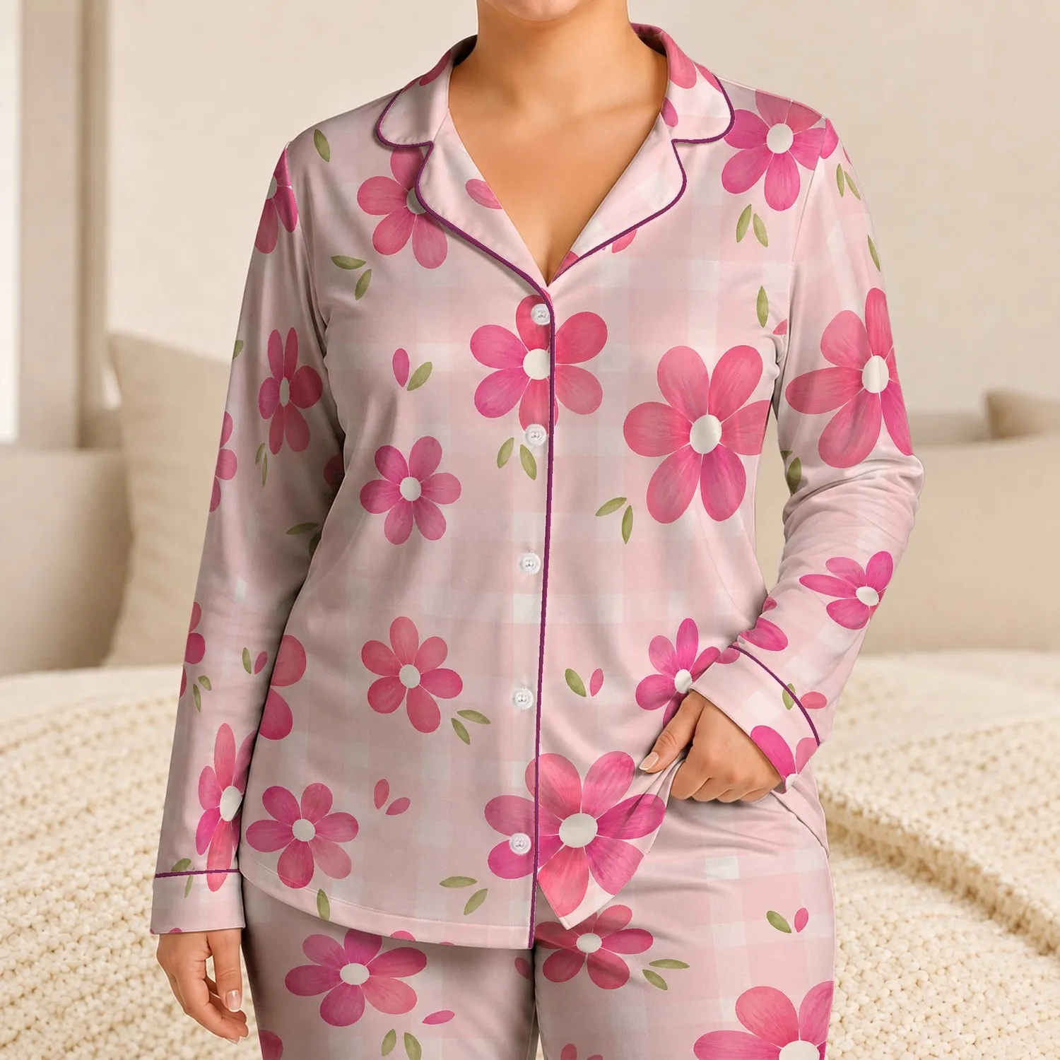 Pink Daisy Gingham Floral Style for Cozy Weekends, Relaxed Lounging, and Gift Giving Satin Pajamas Set - 1