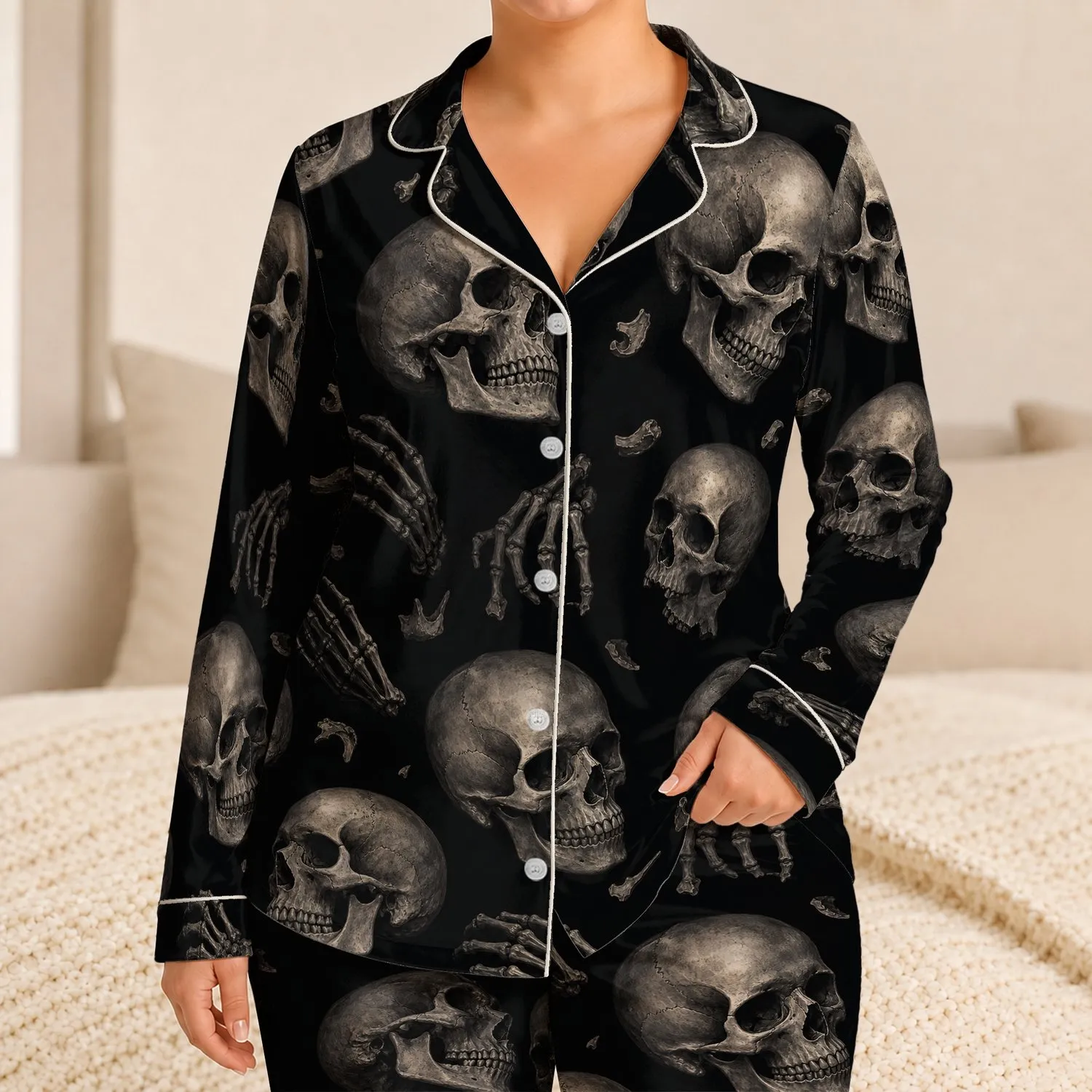 Gothic Human Skull Motifs for Dark Streetwear Lounging and Unisex Alternative Style Satin Pajamas Set - 1
